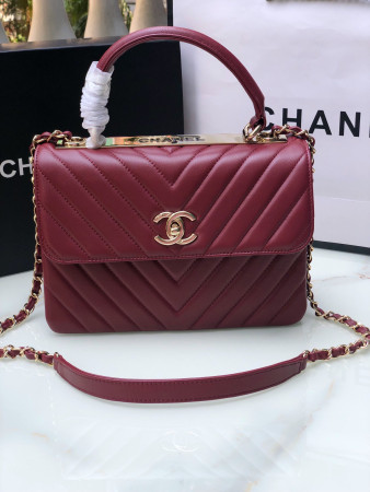 Ch*el flap bag with top handle red 6.6 × 9.8 × 4.7 in