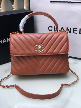 Ch*el flap bag with top handle orange 6.6 × 9.8 × 4.7 in