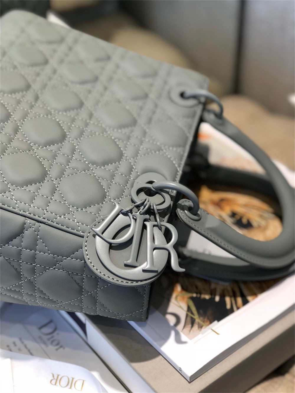 medium lady D*or bag 9.5 x 8 x 4.5 inches