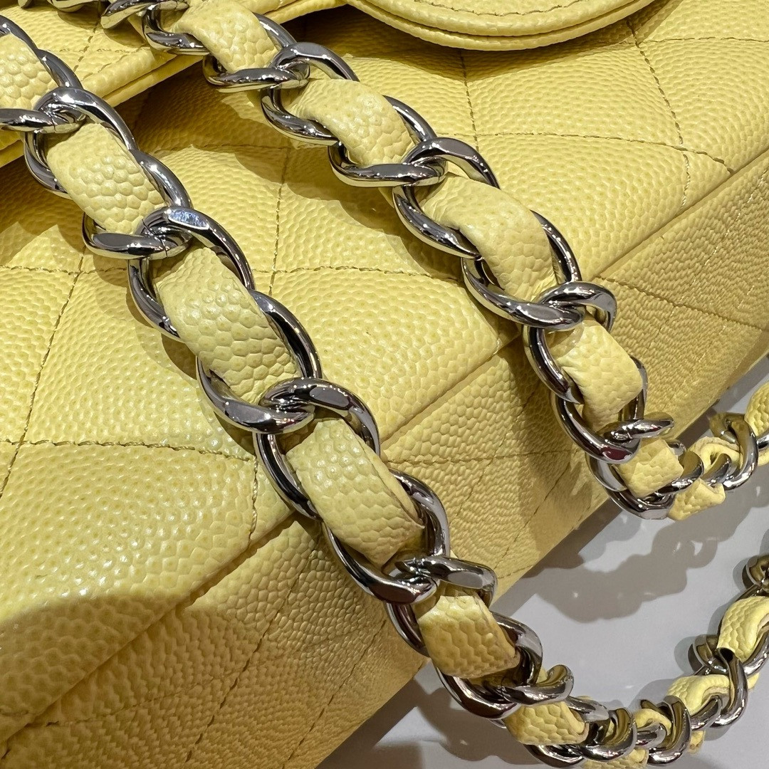 Ch*el classic handbag grained calfskin & silver - tone metal yellow 6×9.9×2.5in