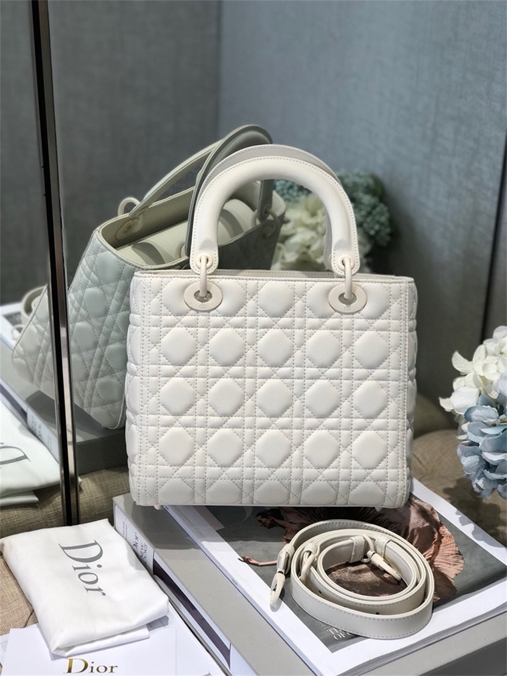 medium lady D*or bag 9.5 x 8 x 4.5 inches