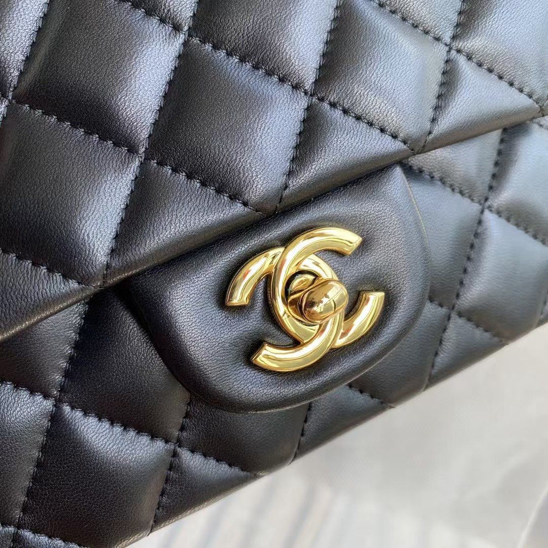 Ch*el mini classic handbag lambskin & gold-tone metal black 5.3 × 6.6 × 3.1 in