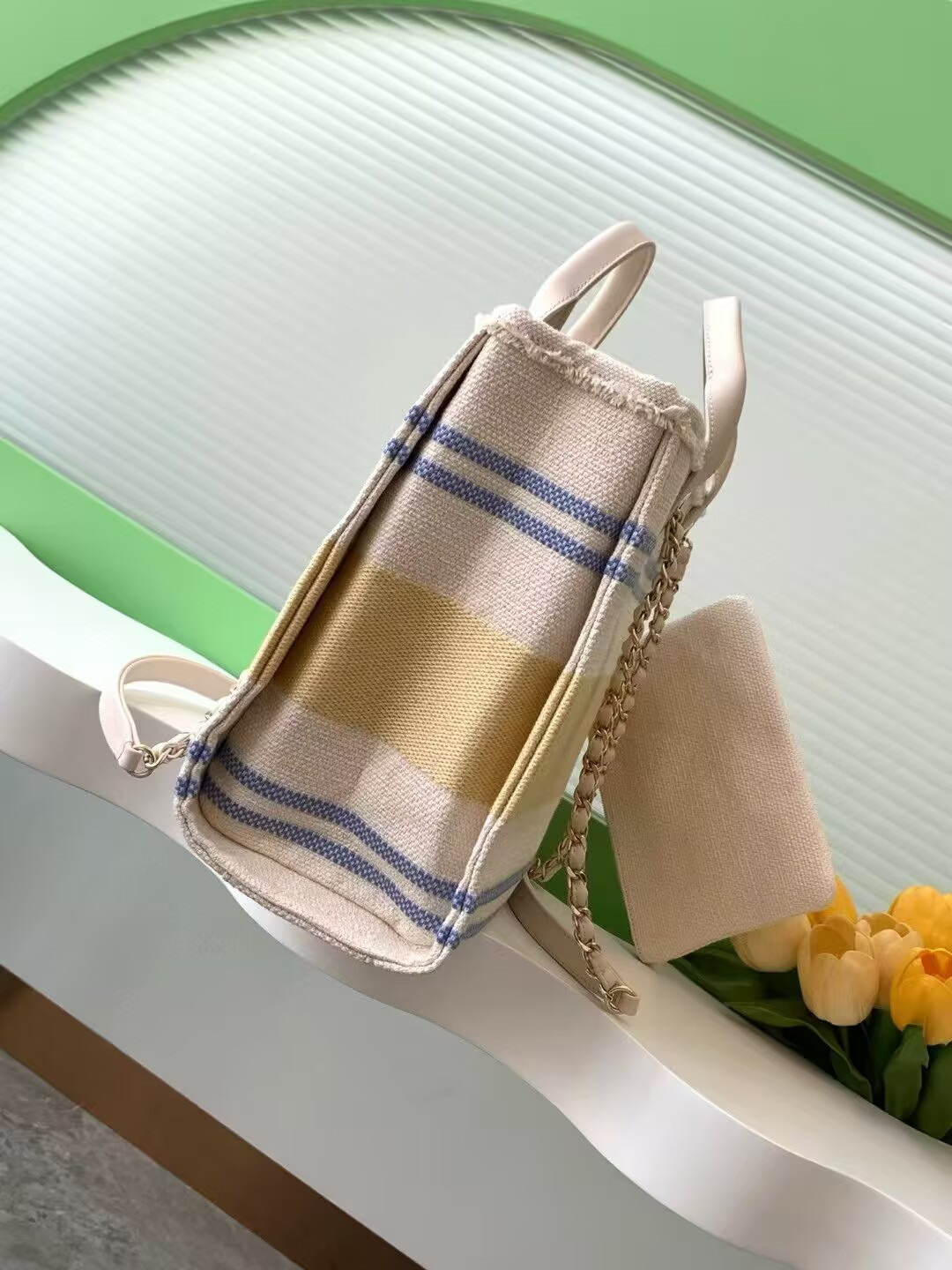 Ch*el shopping bag cotton canvas & gold-tone metal 34x27x16cm