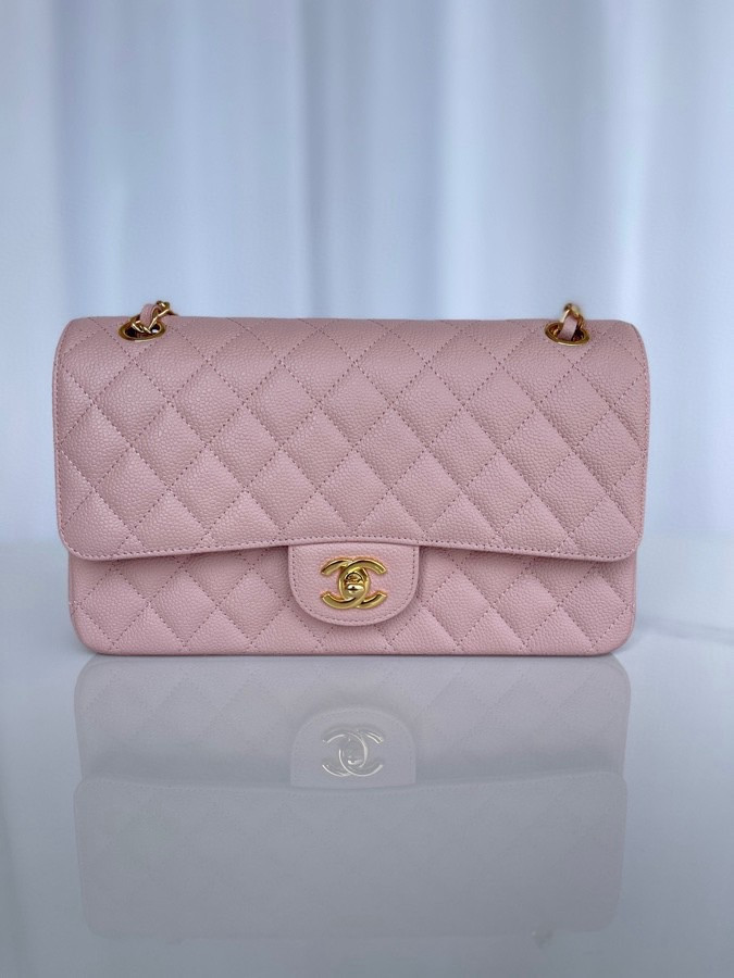 Ch*el classic handbag grained calfskin & gold-tone metal pink 6 × 9.9 × 2.5 in
