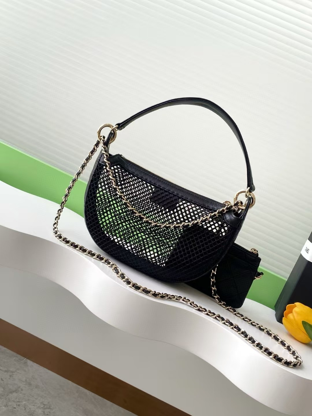 Ch*el clutch with chain mesh shiny lambskin gold tone -ap4573 15x22x6cm