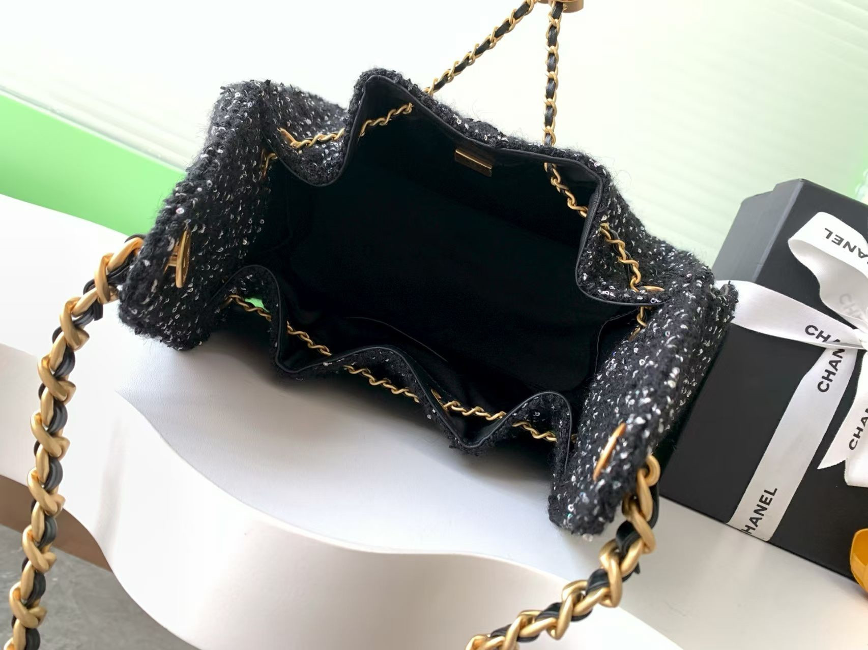 Ch*el 25 bucket tweed bag 26x30x14cm