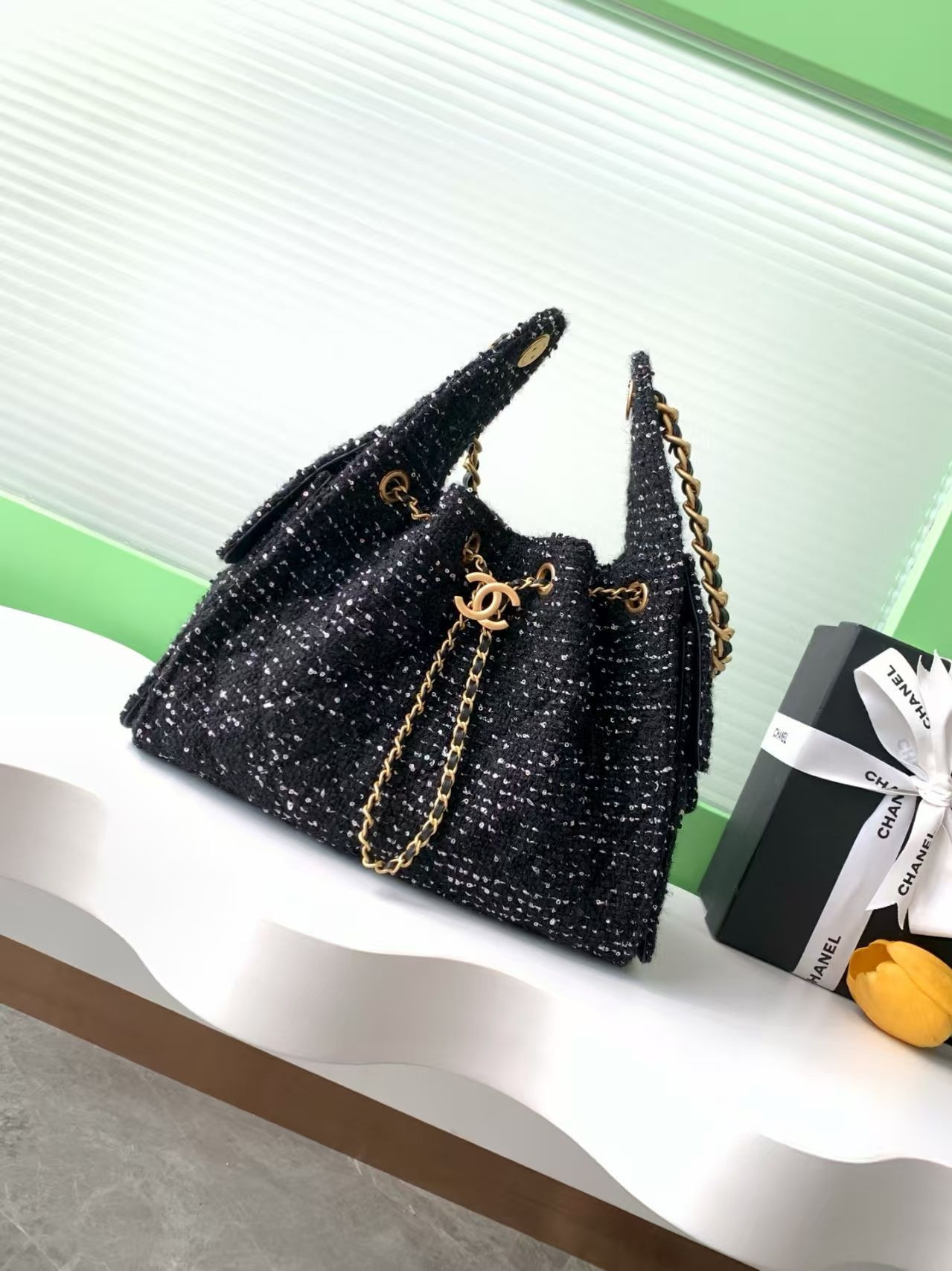 Ch*el 25 bucket tweed bag 26x30x14cm
