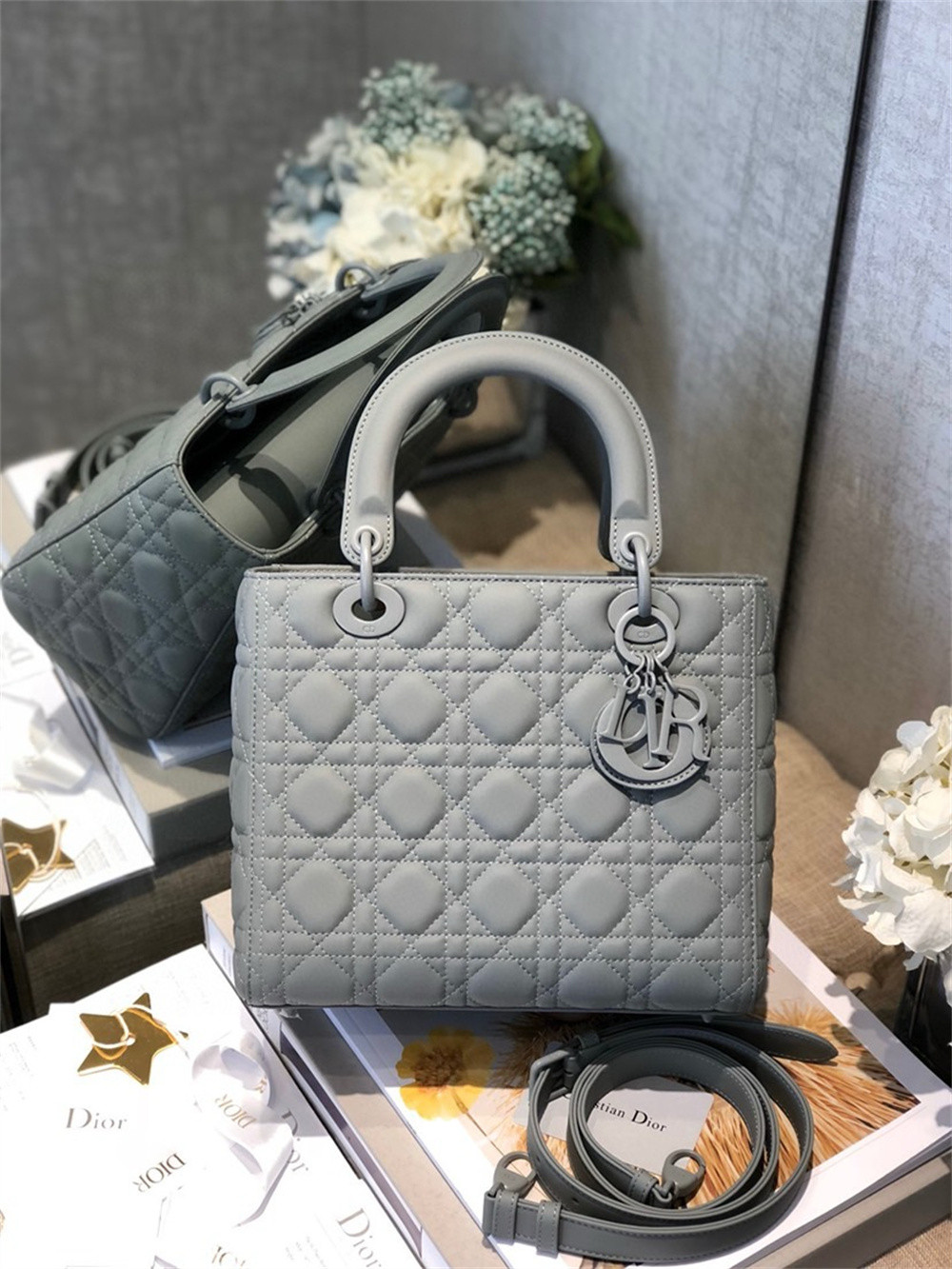 medium lady D*or bag 9.5 x 8 x 4.5 inches