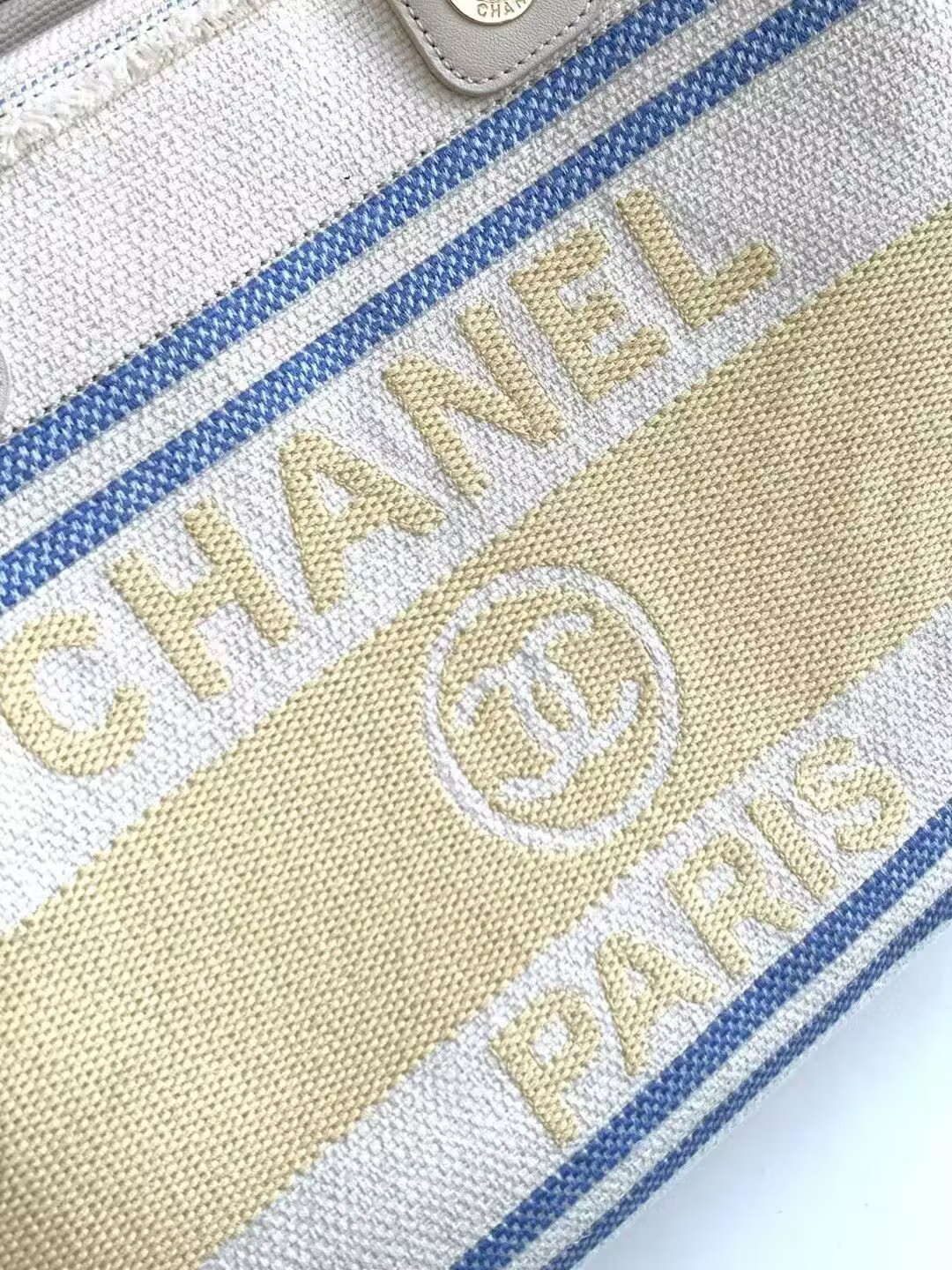 Ch*el shopping bag cotton canvas & gold-tone metal 34x27x16cm