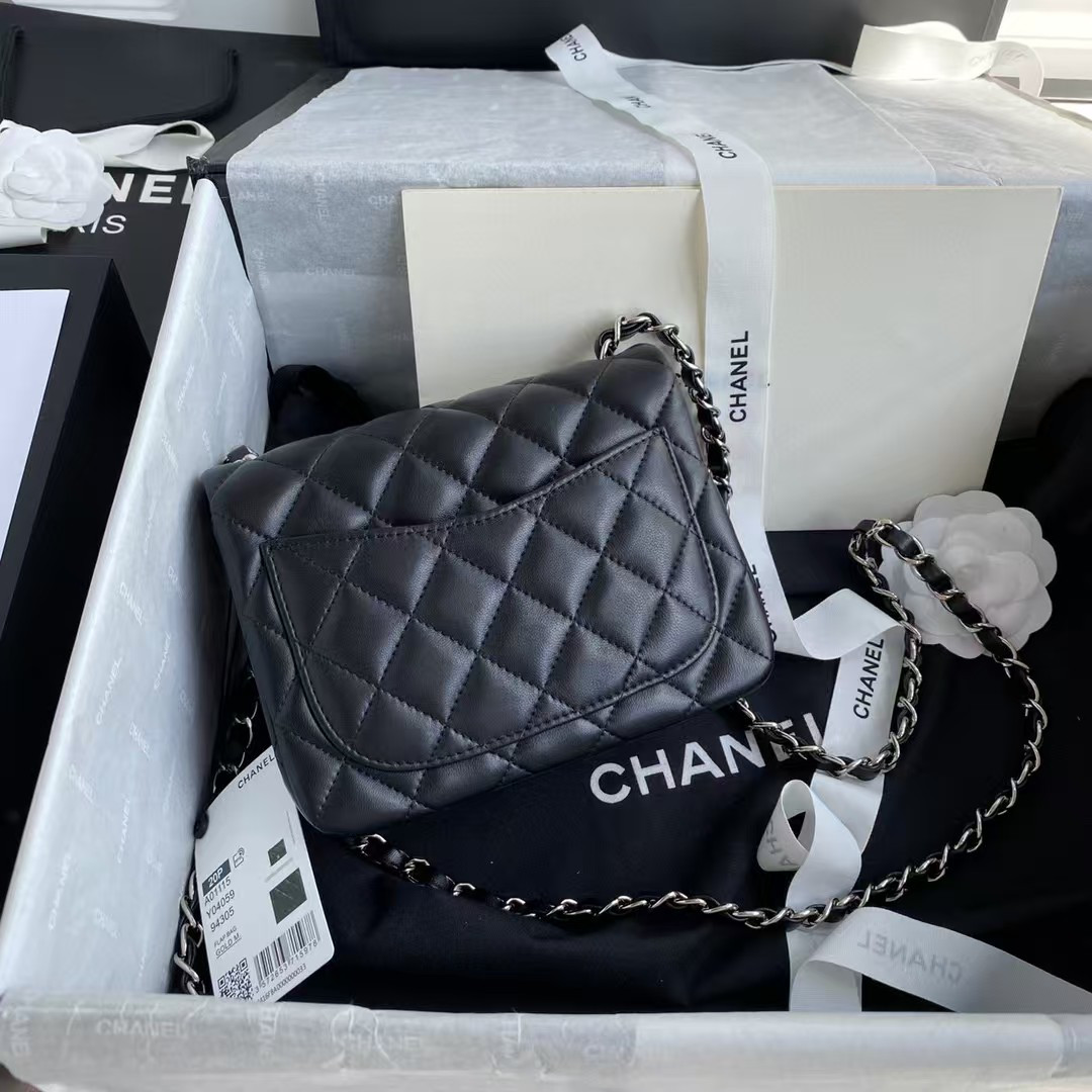 Ch*el mini classic handbag lambskin & silver-tone metal black 13.5x 17x8cm