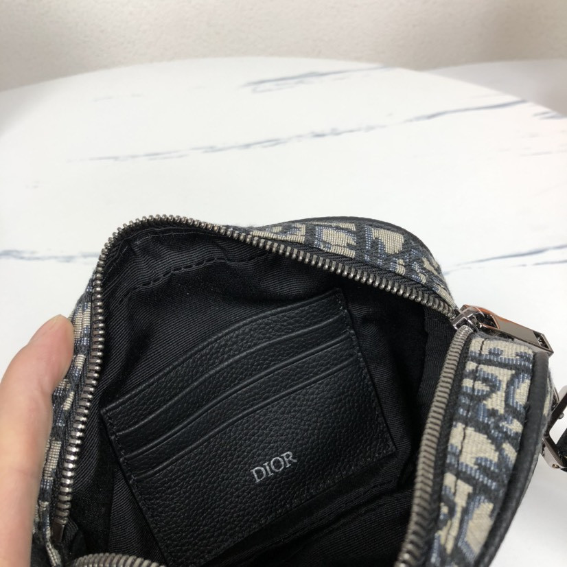 D*or mini safari bag with strap beige and black D*or oblique jacquard 6.5 x 5 x 1.5 inches