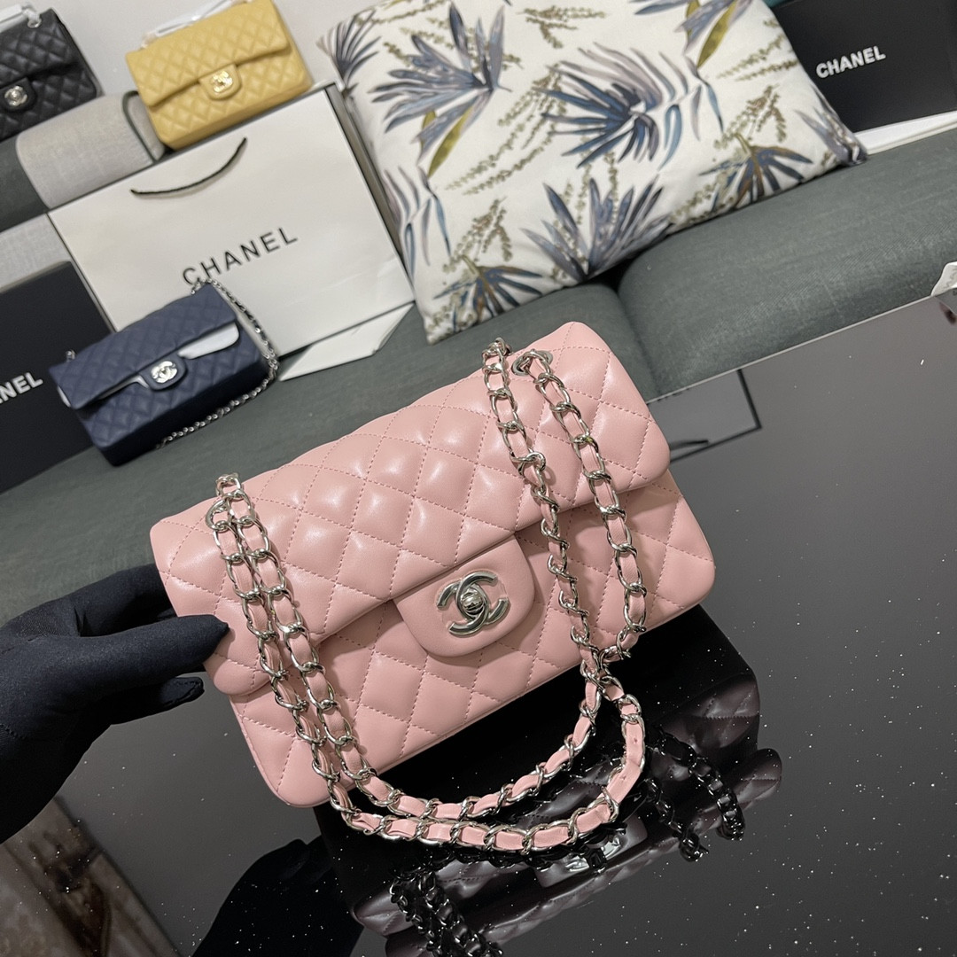 Ch*el small classic handbag lambskin pink 5.7 × 9 × 2.3 in