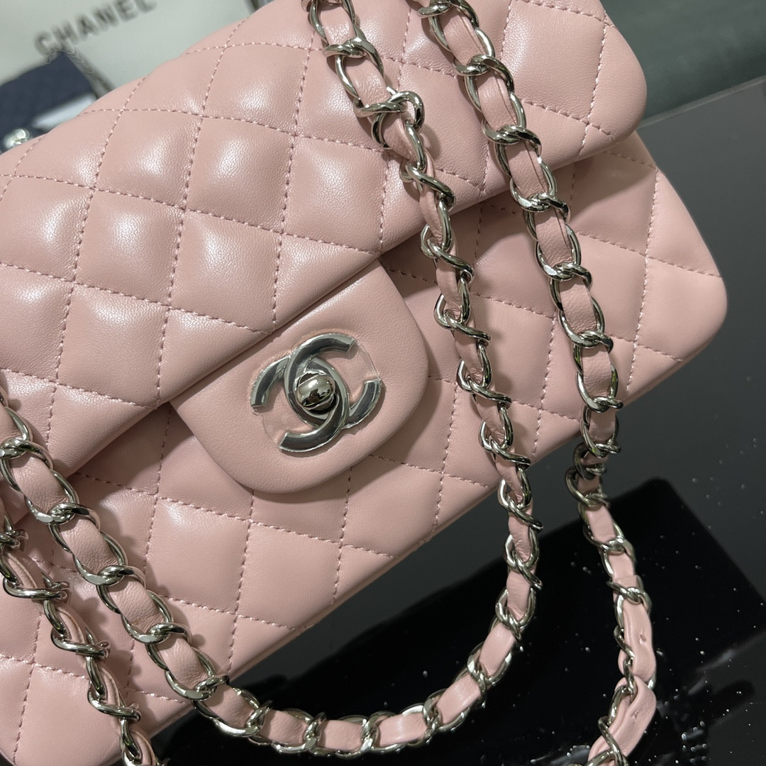 Ch*el small classic handbag lambskin pink 5.7 × 9 × 2.3 in