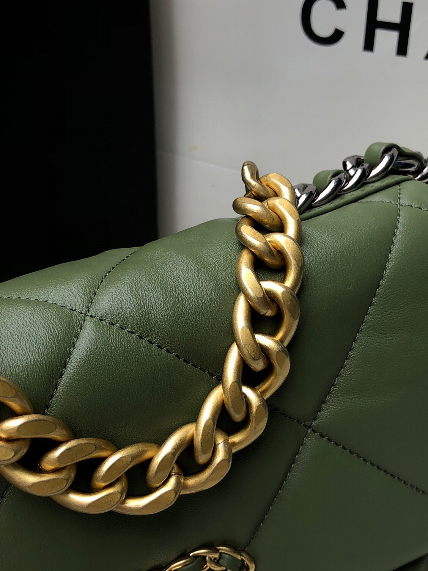 Ch*el 19 handbag shiny leather, gold-tone 16×26×9cm