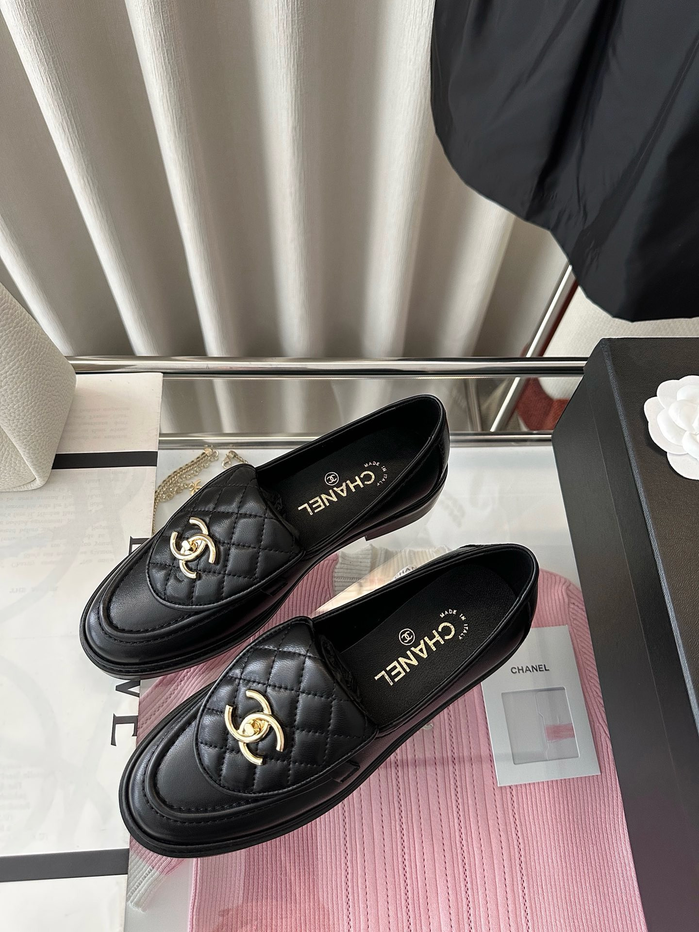 Ch*el quilted tab loafers black leather