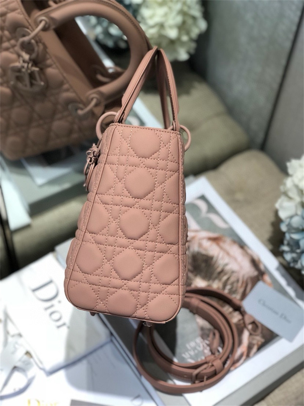 medium lady D*or bag 9.5 x 8 x 4.5 inches