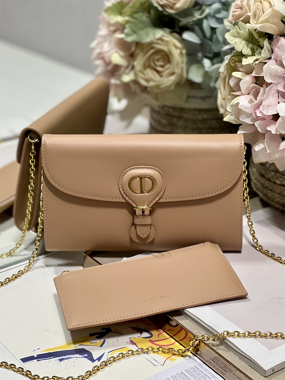 D*or bobby east-west pouch with chain latte smooth calfskin amber
