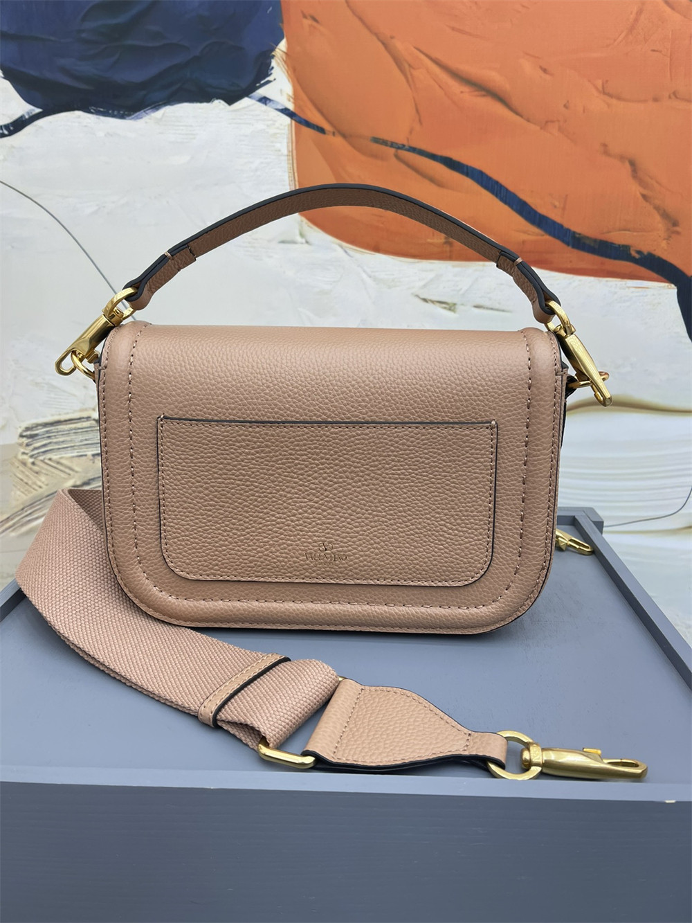 VALENTINO GARAVANI ALLTIME GRAINY CALFSKIN SHOULDER BAG ROSE CANNELLE 23.5x18X8cm