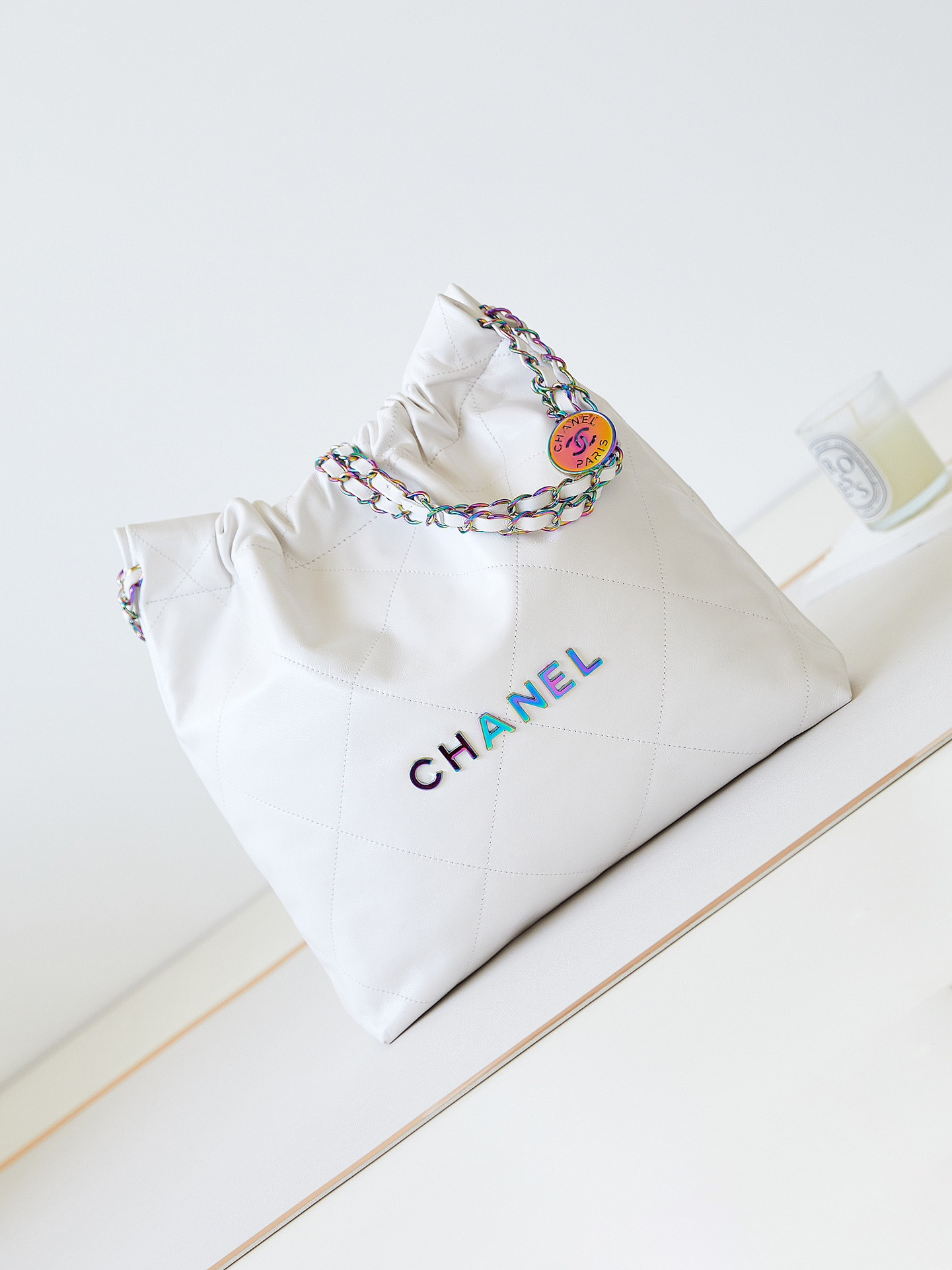 Ch*el 22 small handbag shiny calfskin & rainbow metal white 13.7×14.4×2.7 in