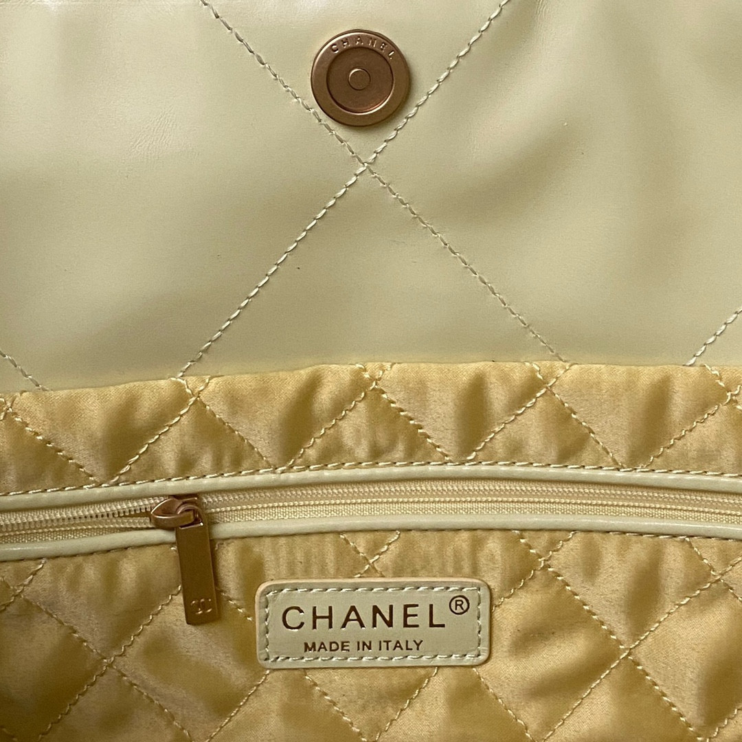 Ch*el 22 handbag shiny calfskin yellow 30×45×8cm