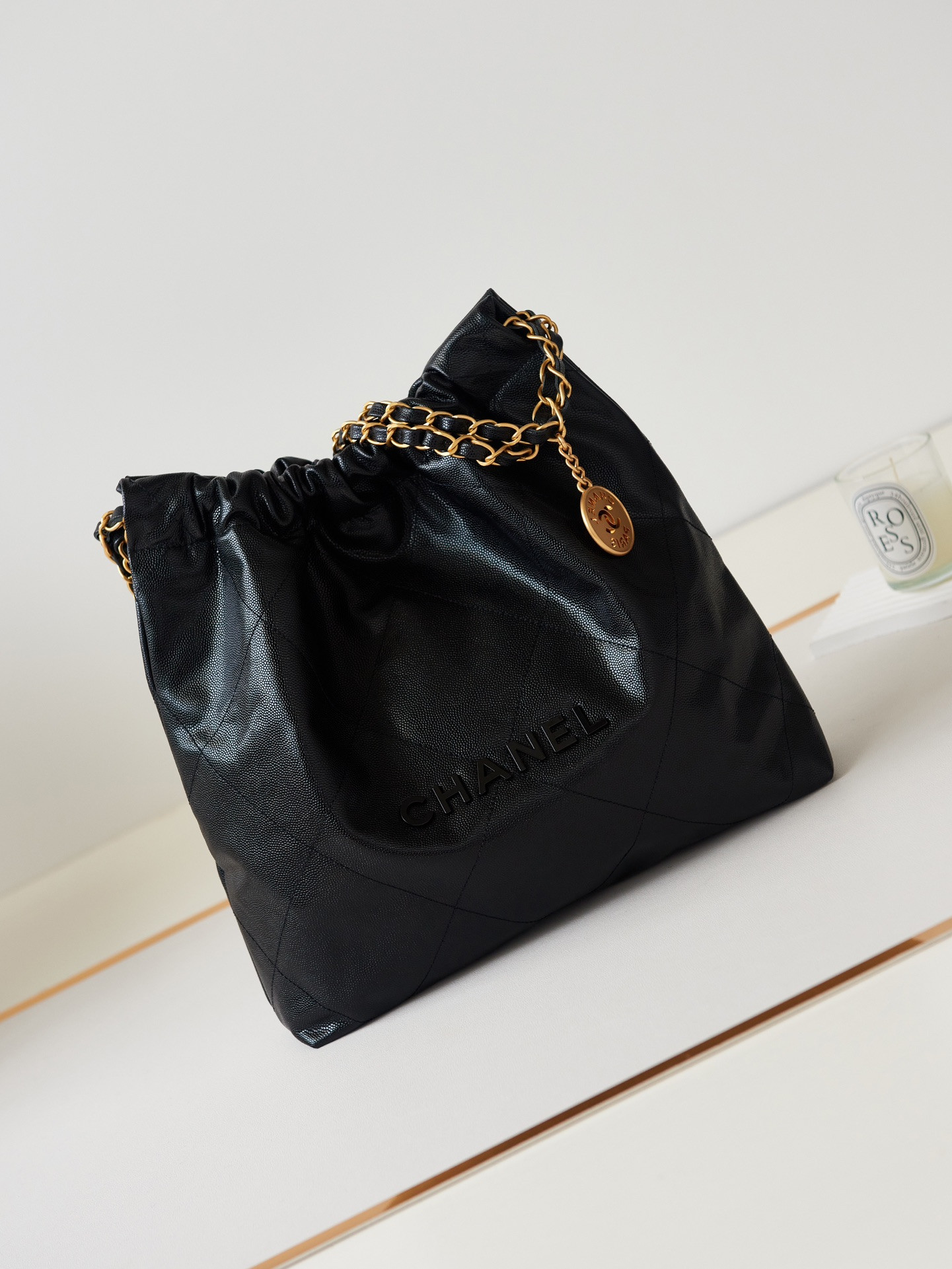 Ch*el 22 small handbag shiny calfskin & gold metal black 13.7×14.4×2.7 in