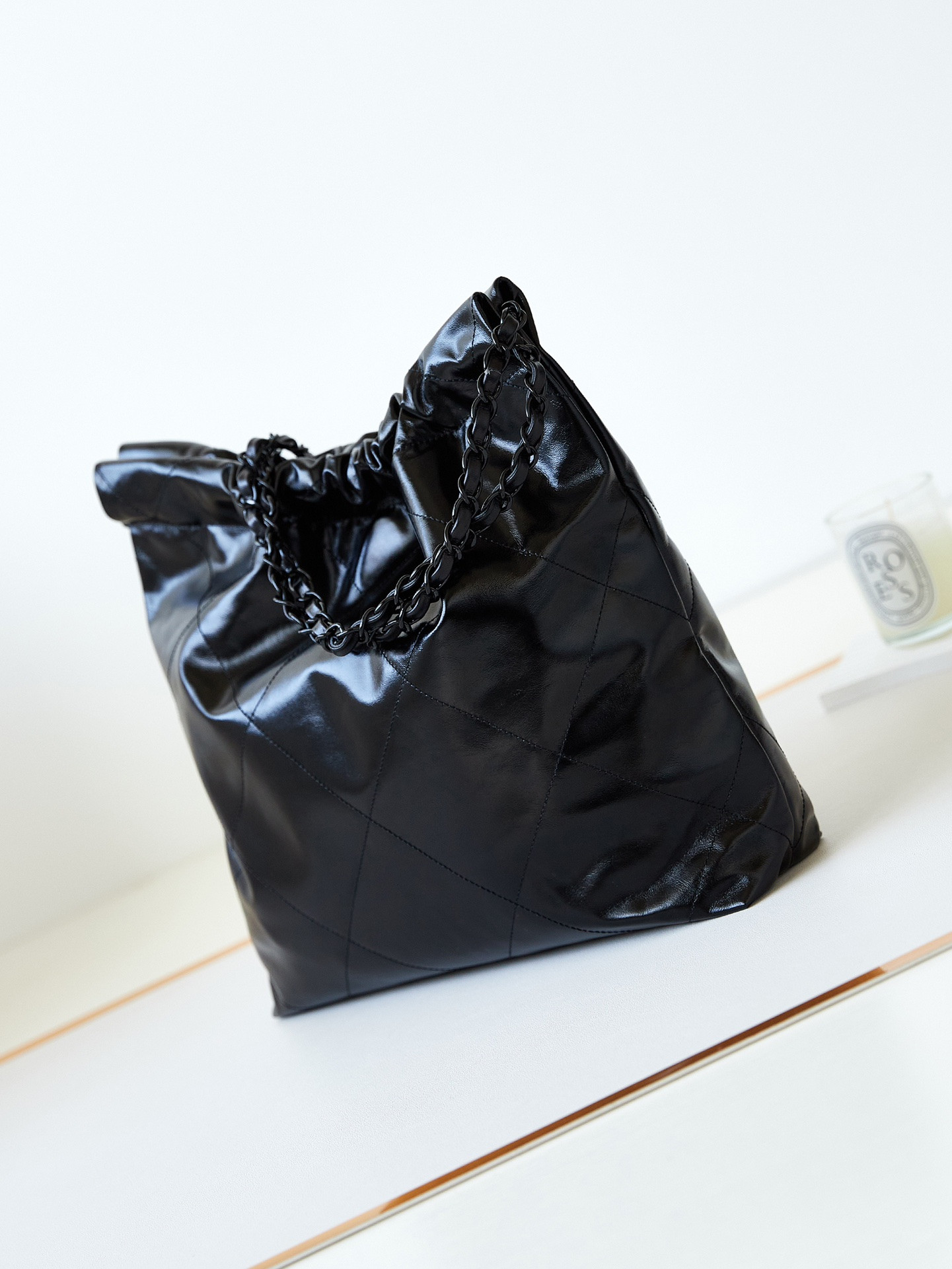 Ch*el 22 small handbag shiny calfskin all black 13.7×14.4×2.7 in