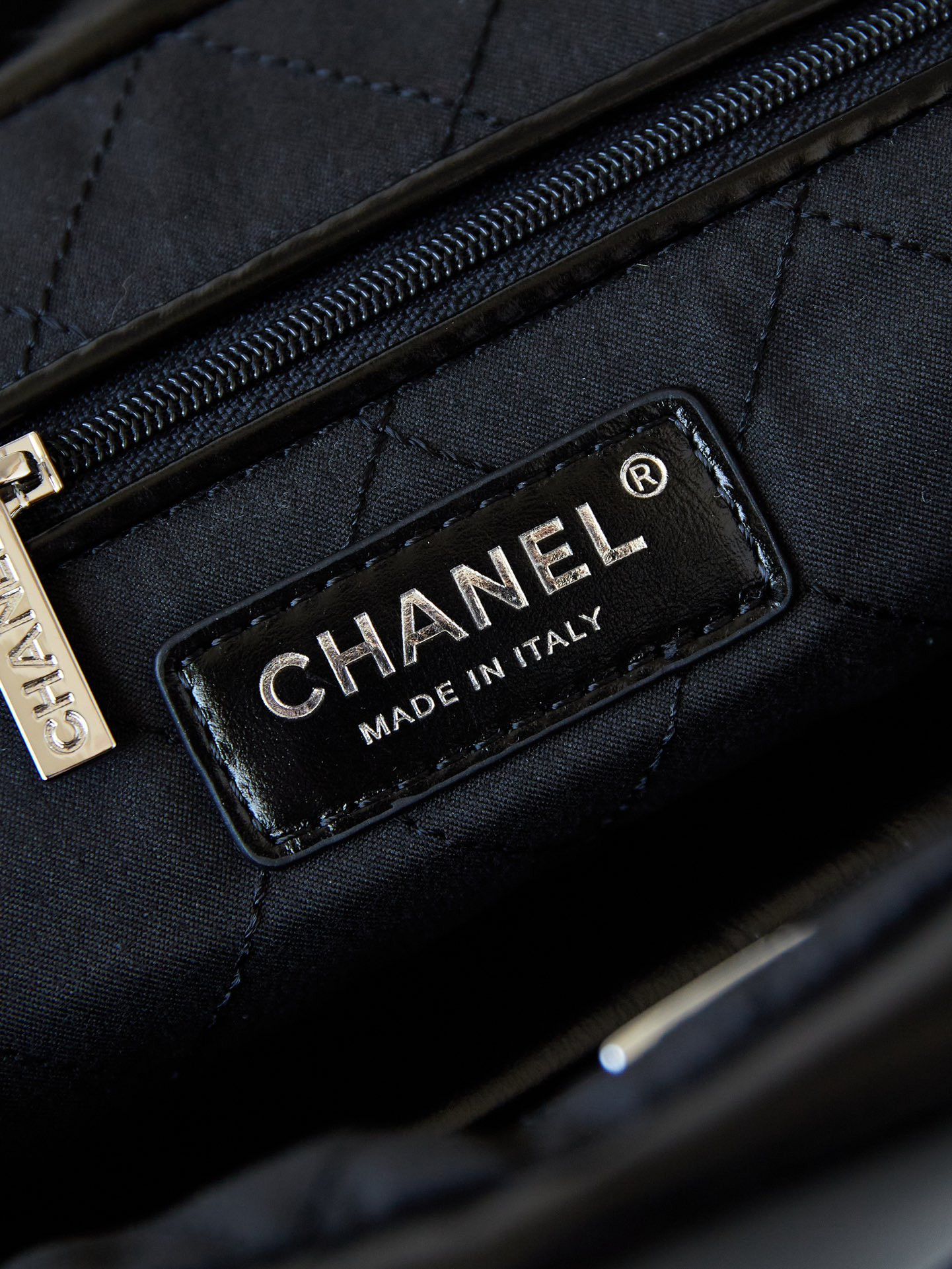 Ch*el 22 small handbag shiny calfskin all black 13.7×14.4×2.7 in