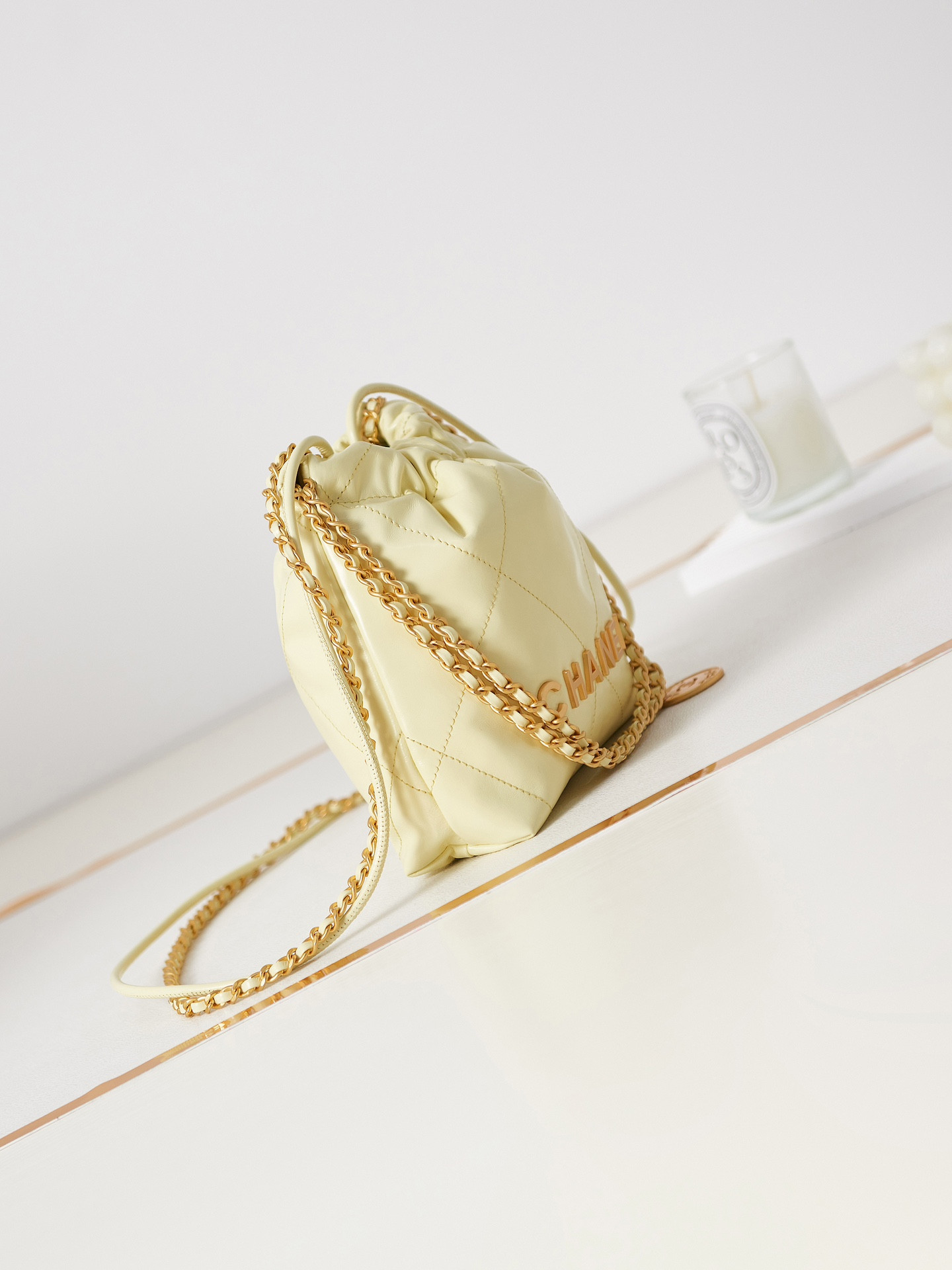 Ch*el 22 mini handbag shiny calfskin yellow 7.8 × 7.4 × 2.3 in
