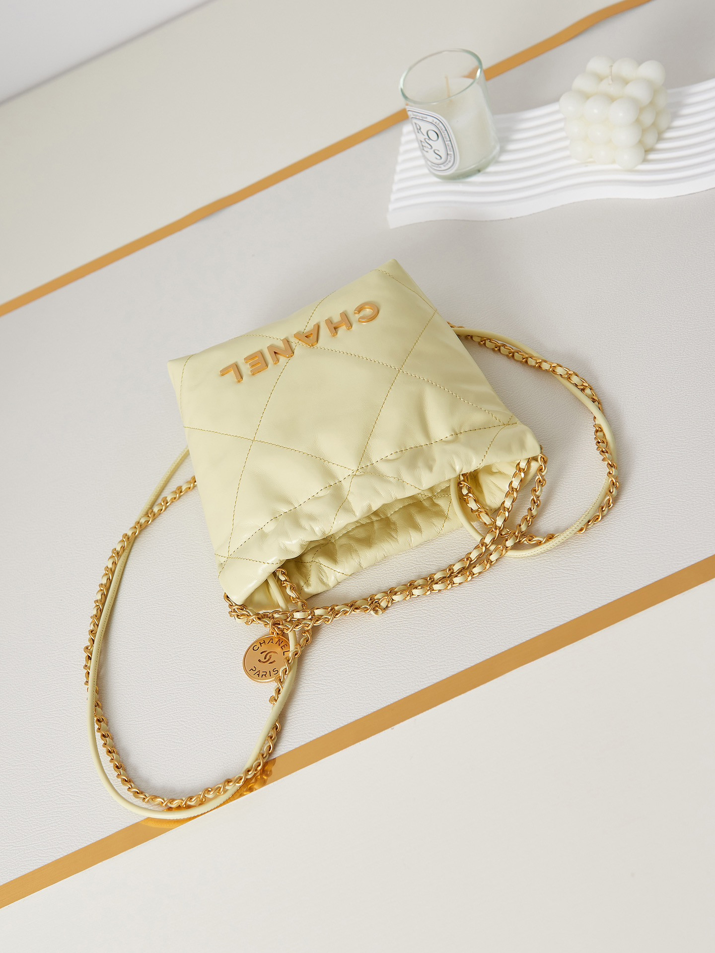 Ch*el 22 mini handbag shiny calfskin yellow 7.8 × 7.4 × 2.3 in