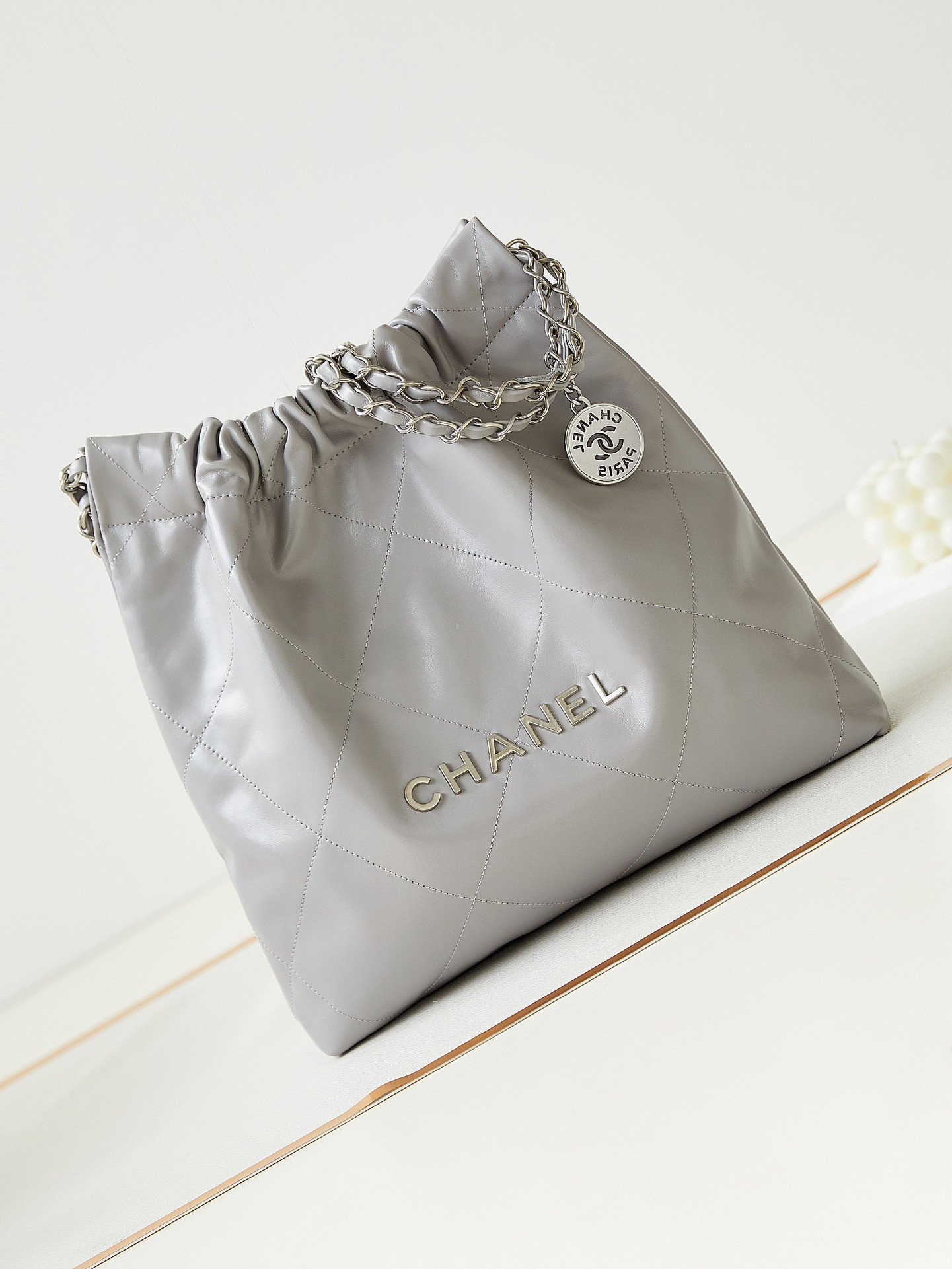 Ch*el 22 small handbag shiny calfskin grey 13.7×14.4×2.7 in