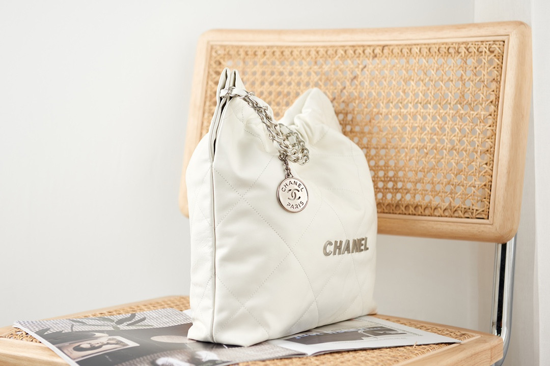 Ch*el 22 small handbag shiny calfskin white 13.7×14.4×2.7 in