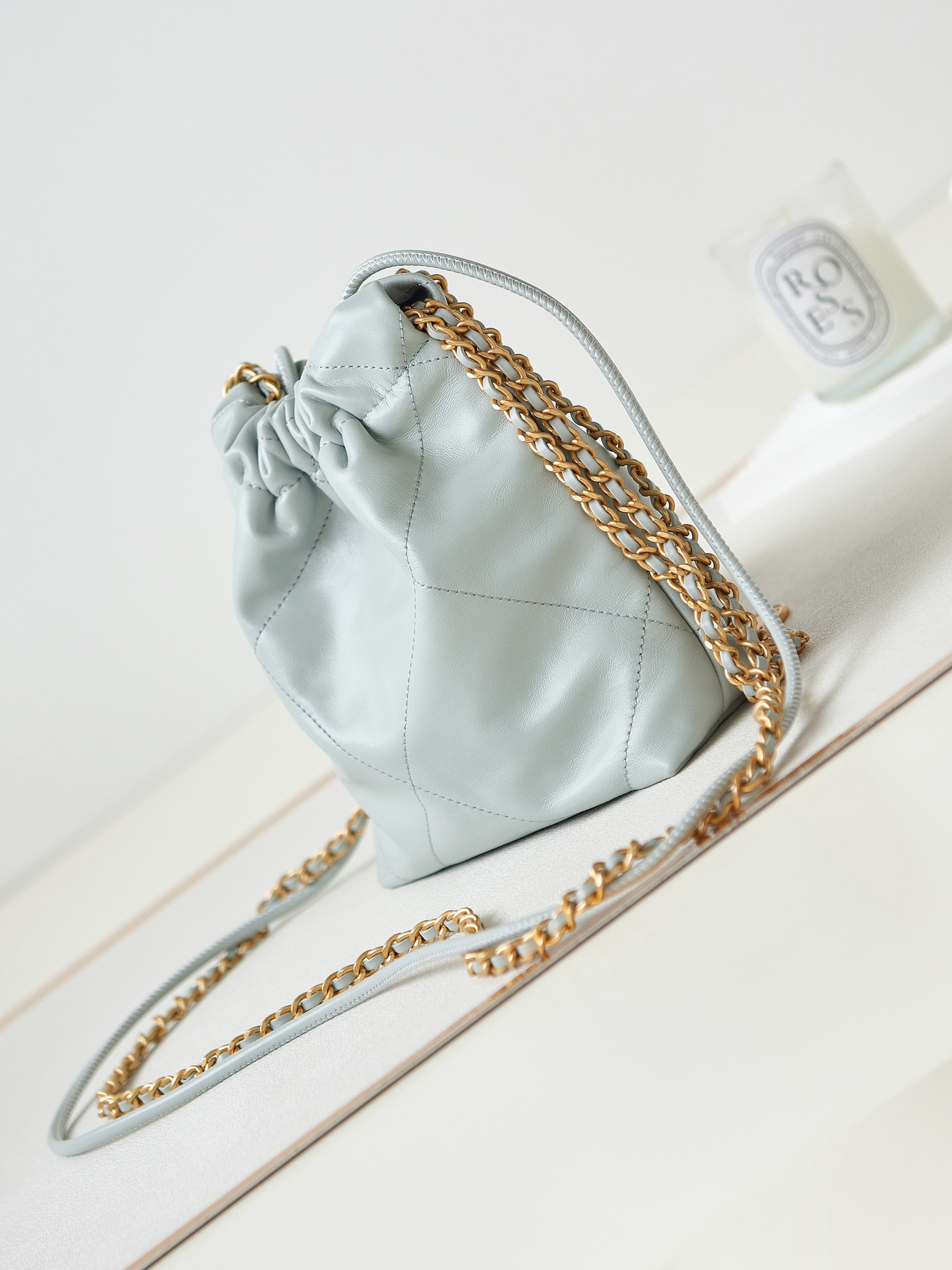 Ch*el 22 mini handbag shiny calfskin light blue 7.8 × 7.4 × 2.3 in