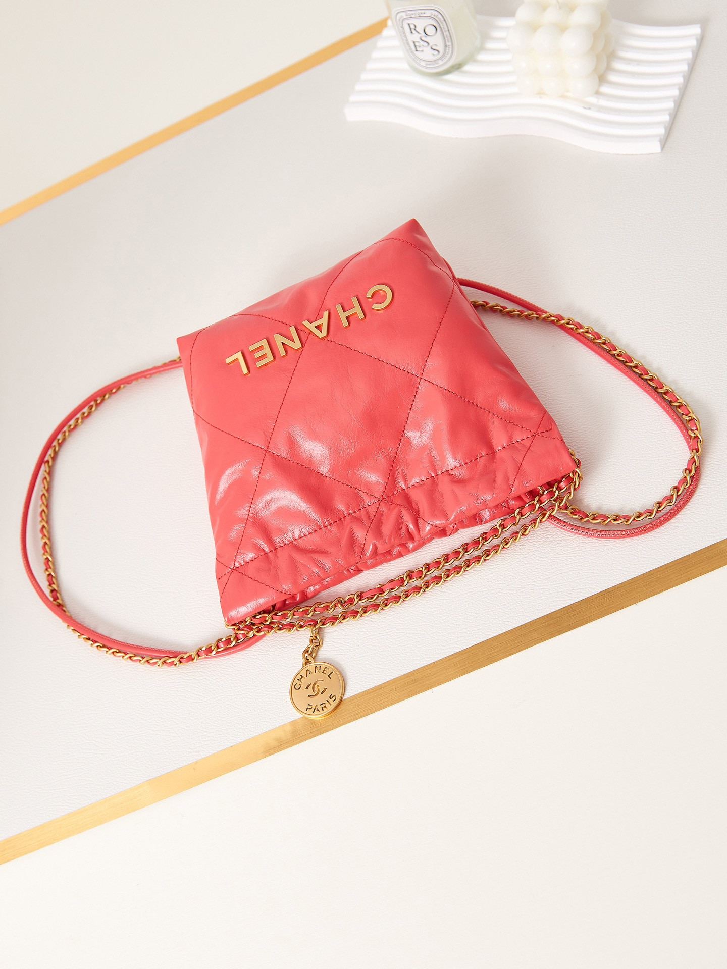 Ch*el 22 mini handbag shiny calfskin red 7.8 × 7.4 × 2.3 in