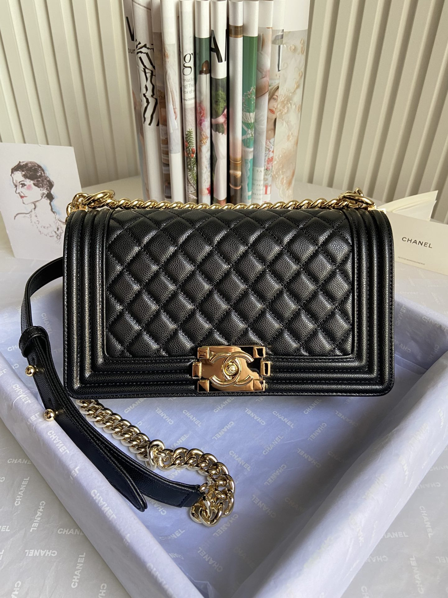 boy Ch*el handbag shiny grained calfskin & gold-tone metal black 5.9 × 9.8 × 3.5 in