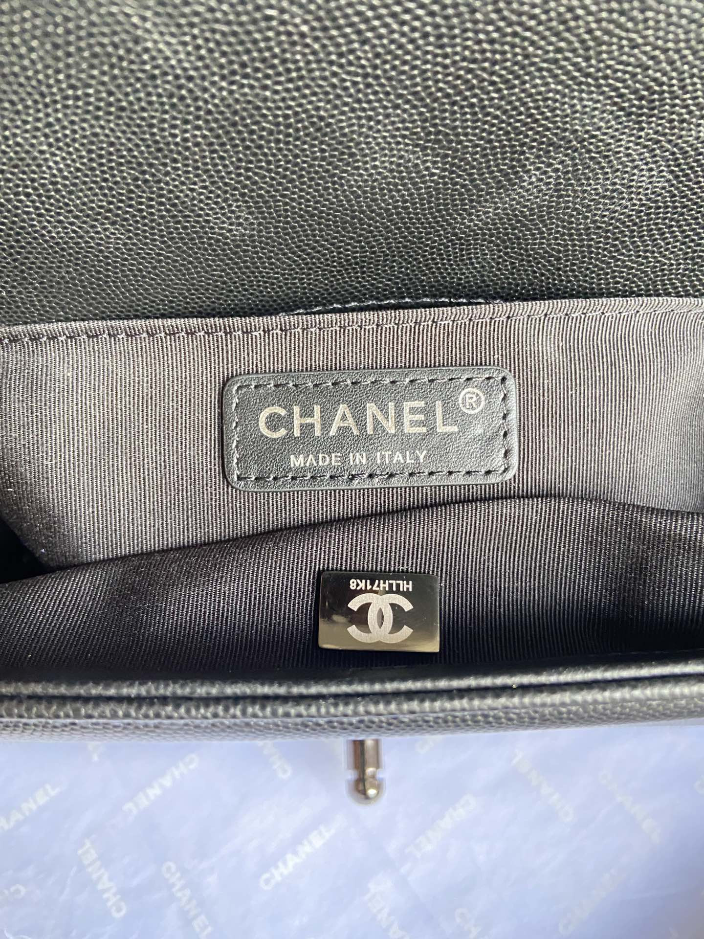 boy Ch*el handbag shiny grained calfskin black 5.9 × 9.8 × 3.5 in