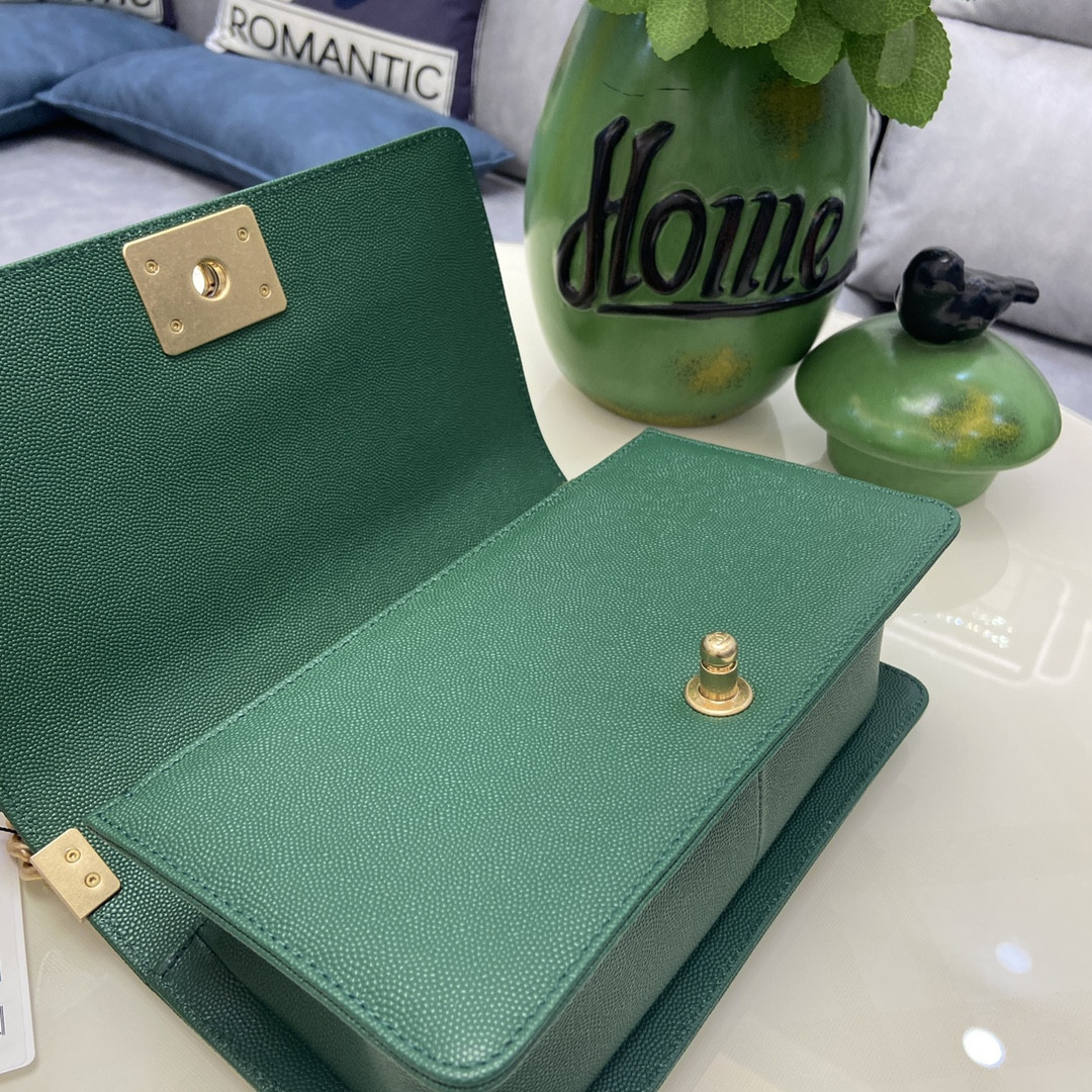 boy Ch*el handbag shiny grained calfskin & gold-tone metal green 5.9 × 9.8 × 3.5 in