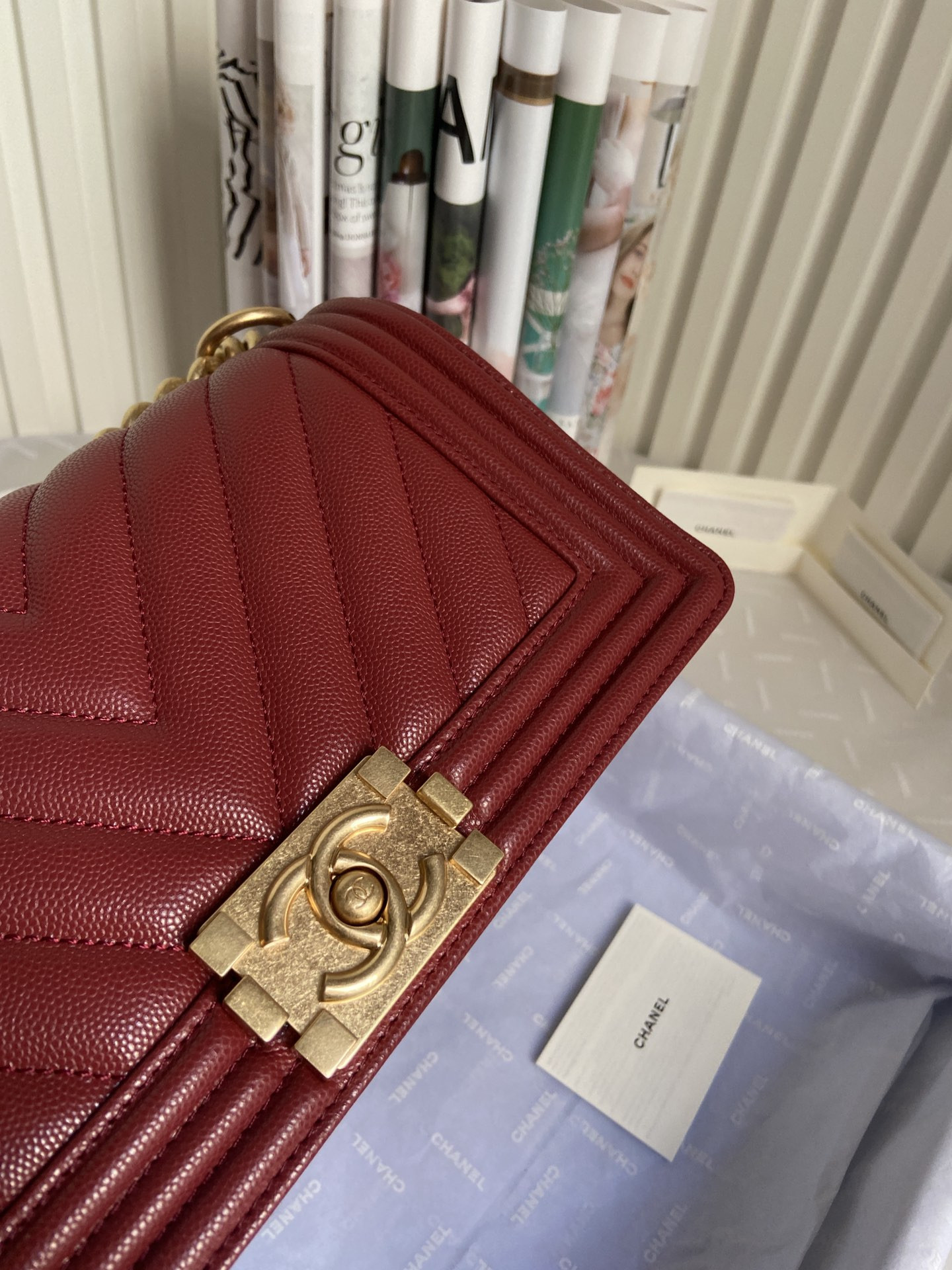 boy Ch*el handbag shiny grained calfskin & gold-tone metal red 5.9 × 9.8 × 3.5 in