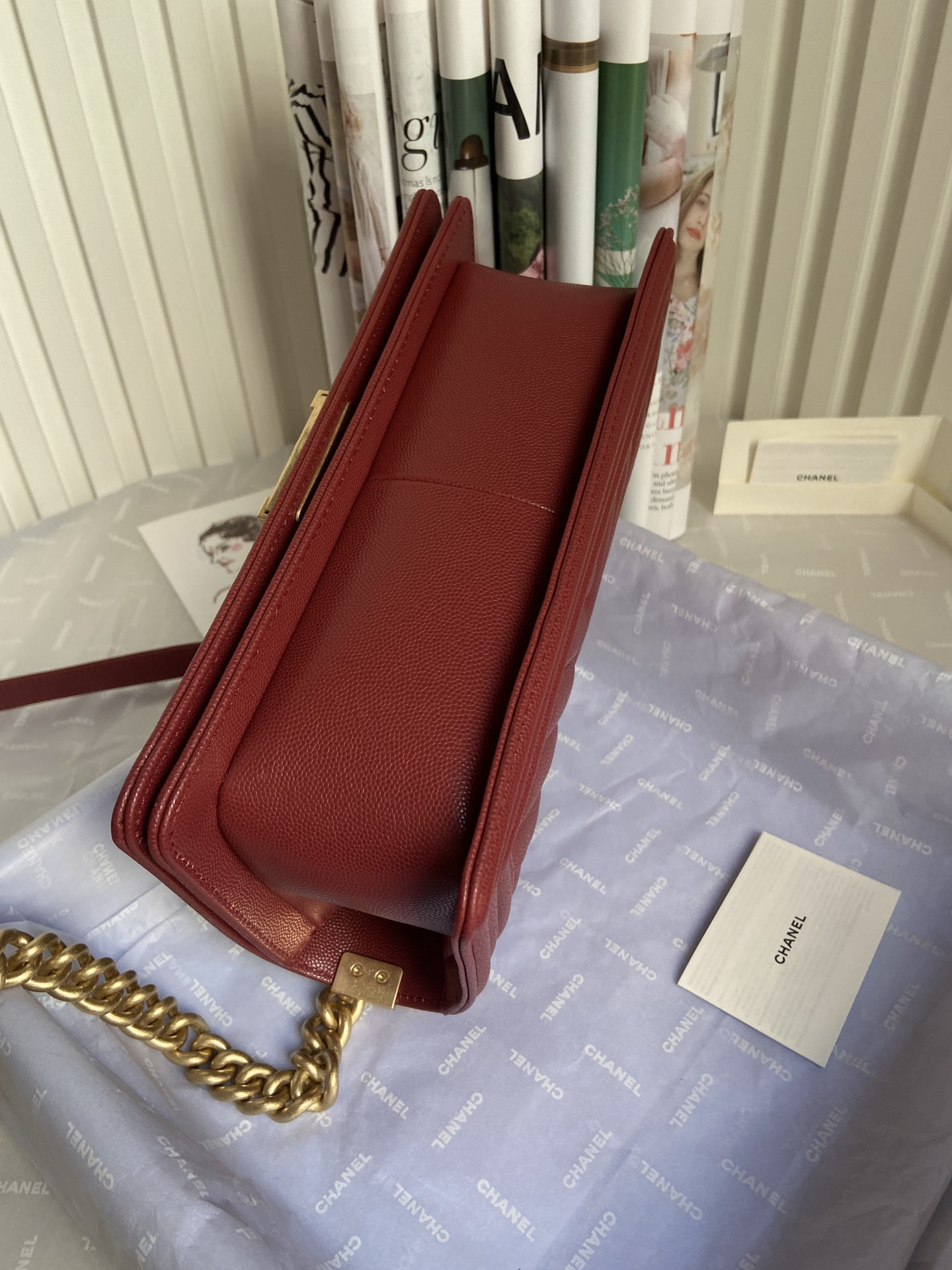 boy Ch*el handbag shiny grained calfskin & gold-tone metal red 5.9 × 9.8 × 3.5 in