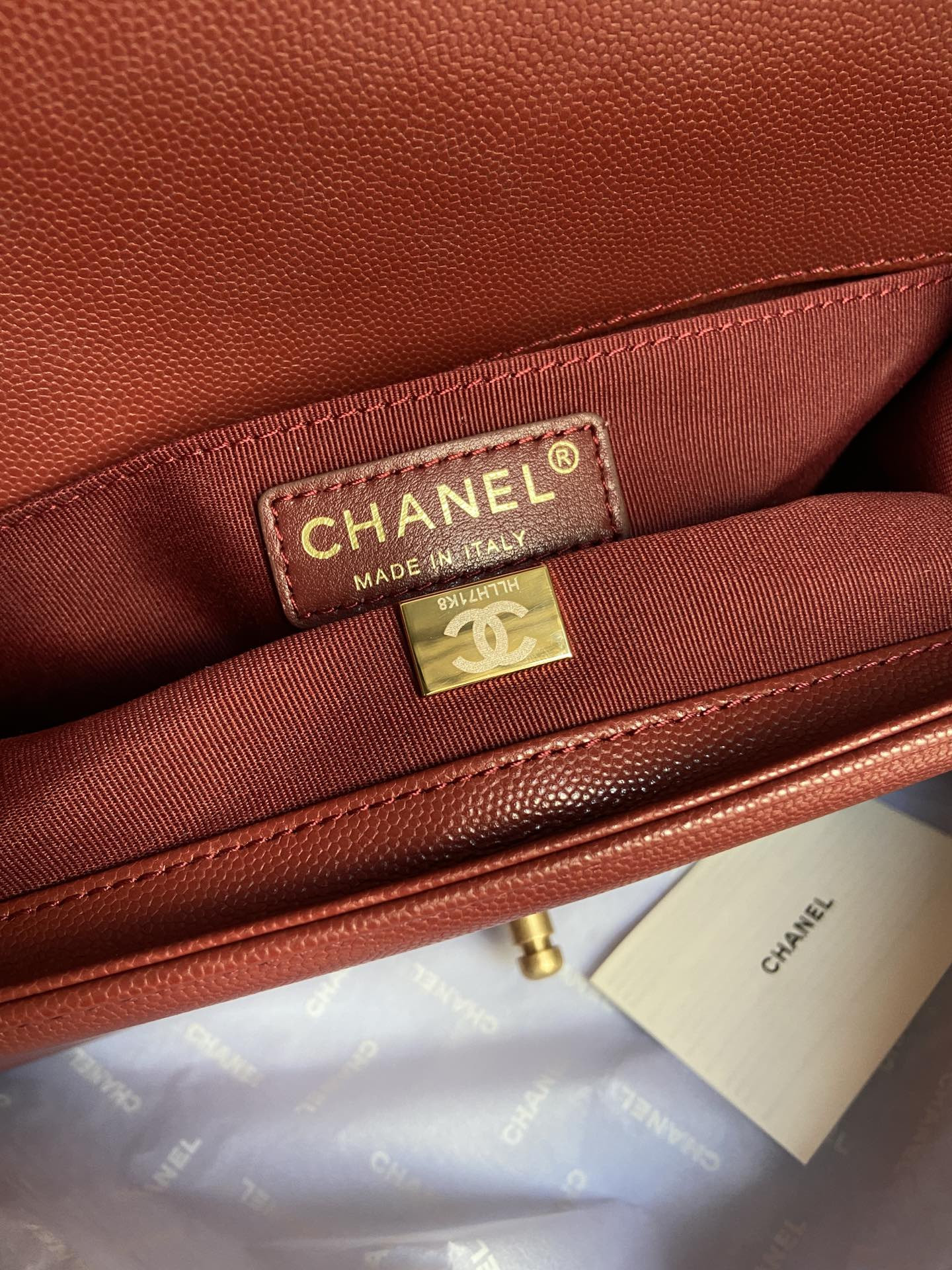 boy Ch*el handbag shiny grained calfskin & gold-tone metal red 5.9 × 9.8 × 3.5 in