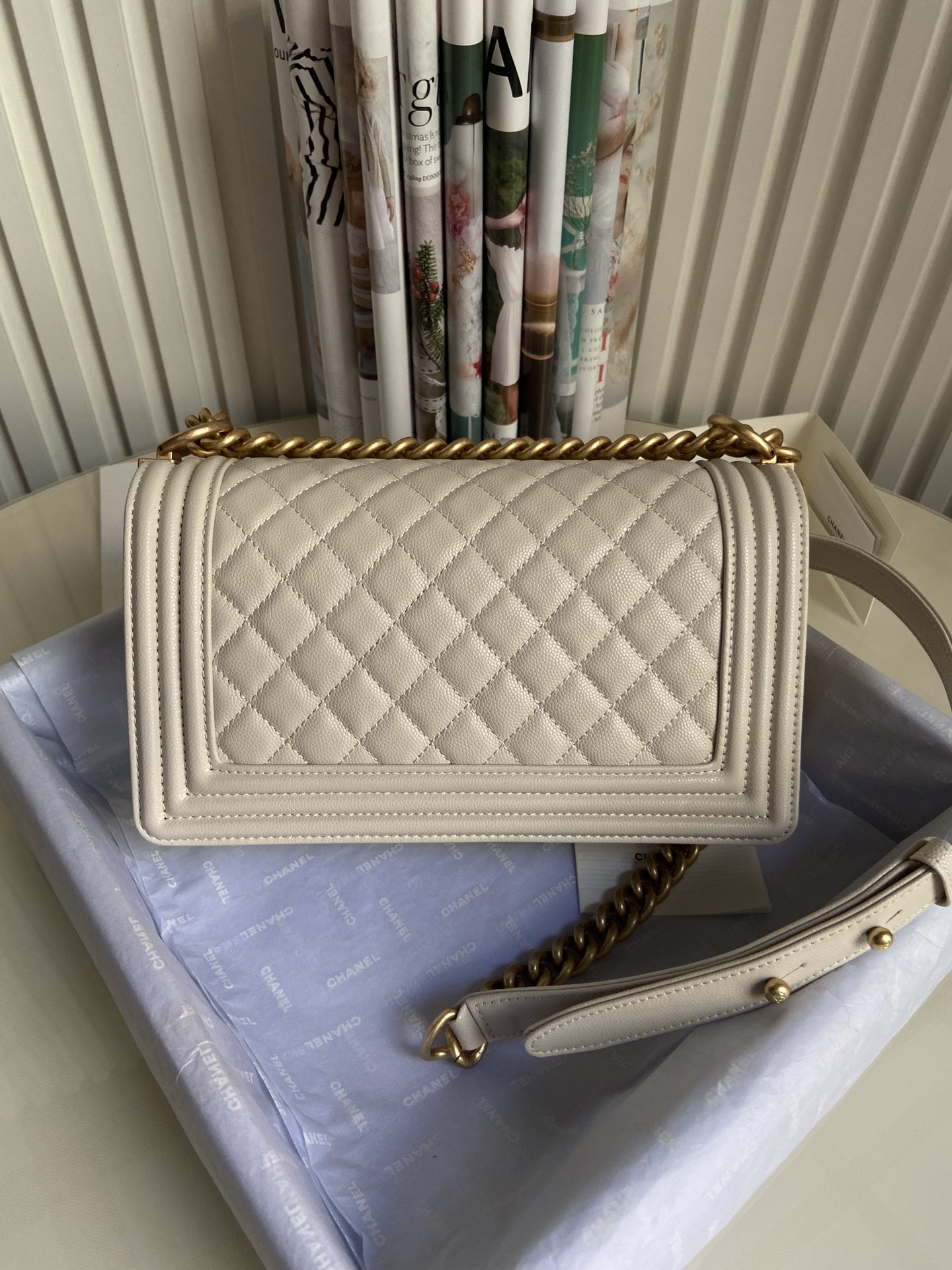 boy Ch*el handbag shiny grained calfskin & gold-tone metal beige 5.9 × 9.8 × 3.5 in
