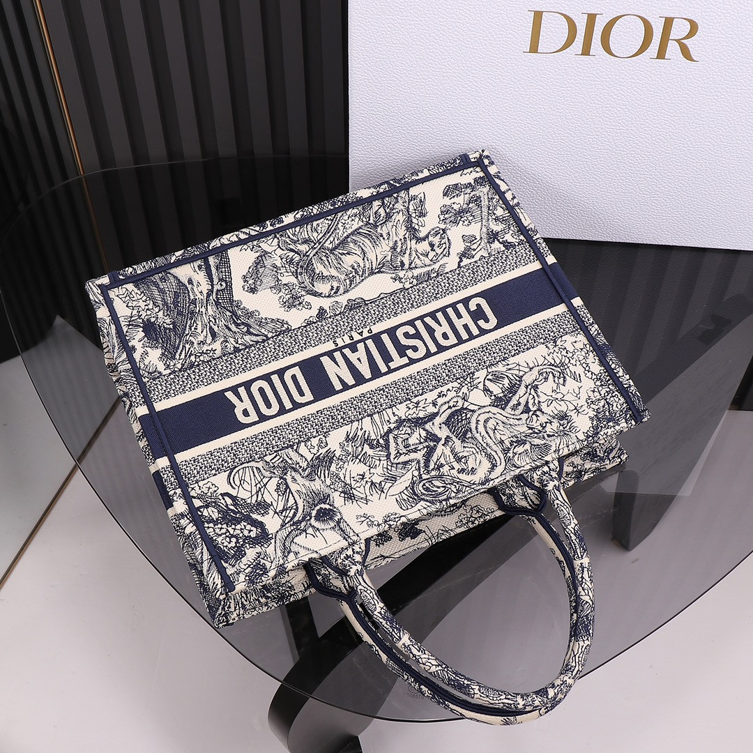 medium D*or book tote  ecru and blue toile de jouy embroidery 14 x 11 x 6.5 inches