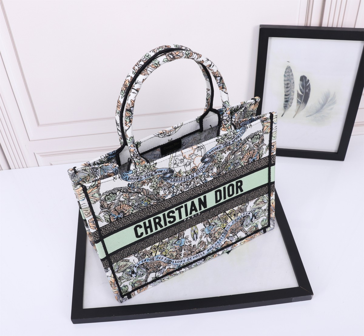 medium D*or book tote  white multicolor toile de jouy mexico embroidery 14 x 11 x 6.5 inches