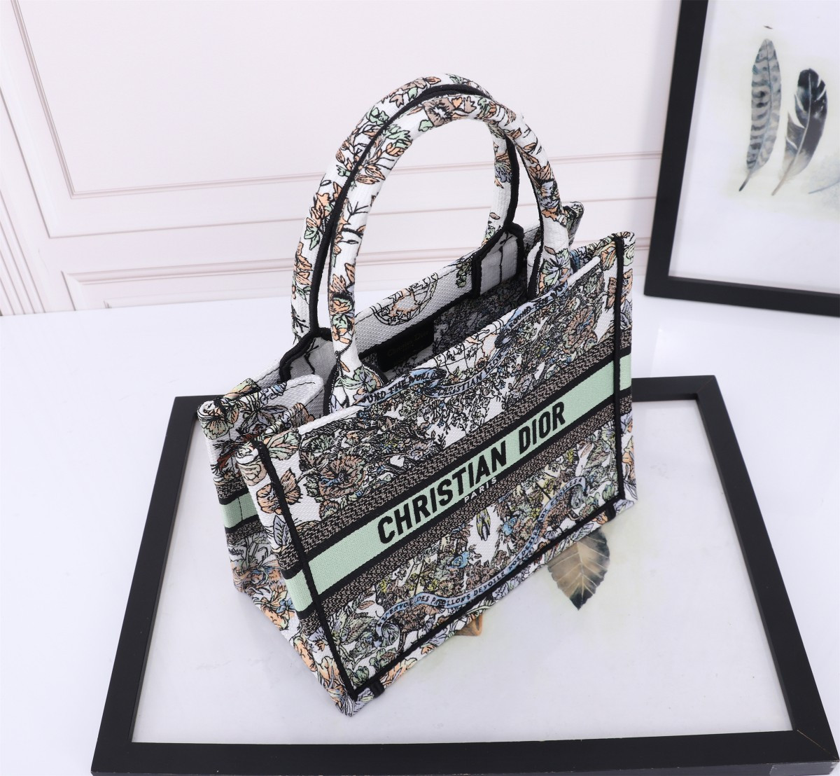 small D*or book tote white multicolor toile de jouy mexico embroidery  10.5 x 8.5 x 5.5 inches