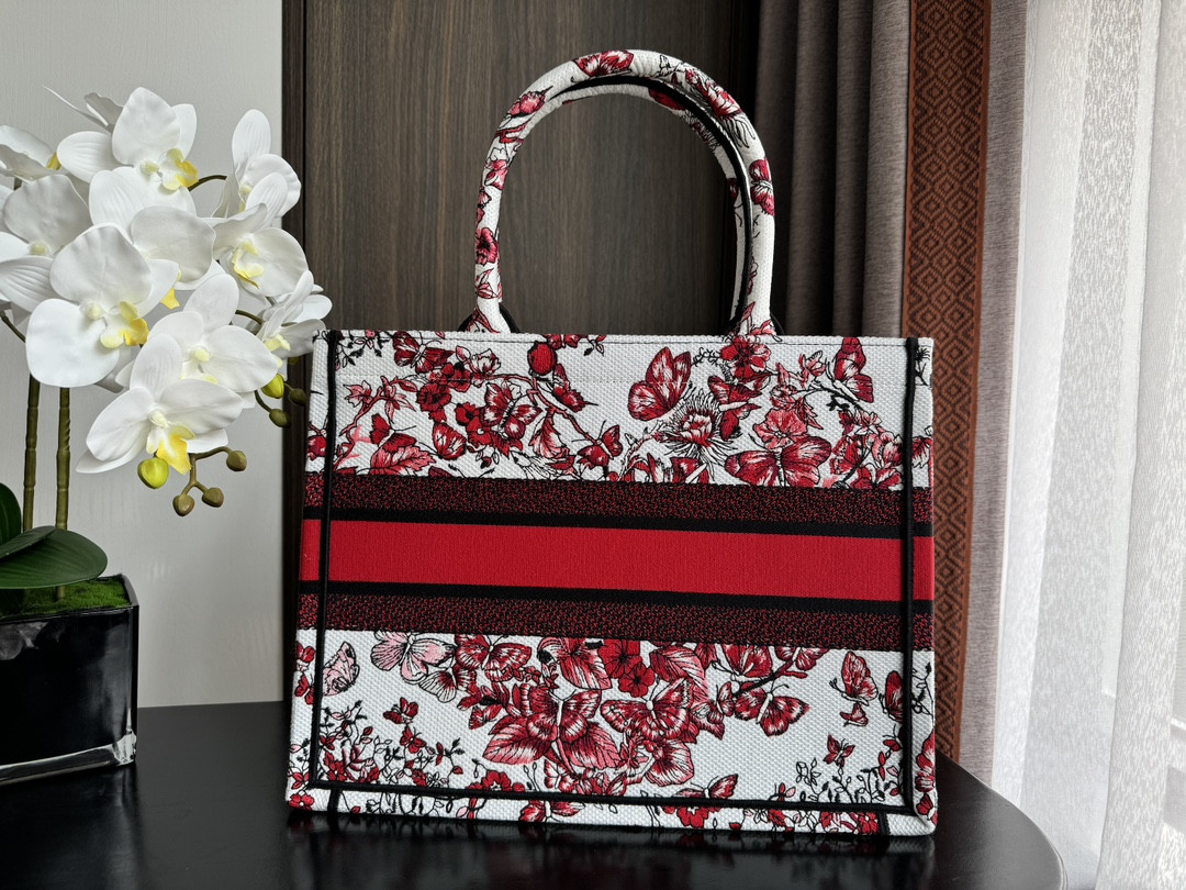 medium D*or book tote  white and red le cœur des papillons embroidery 14 x 11 x 6.5 inches