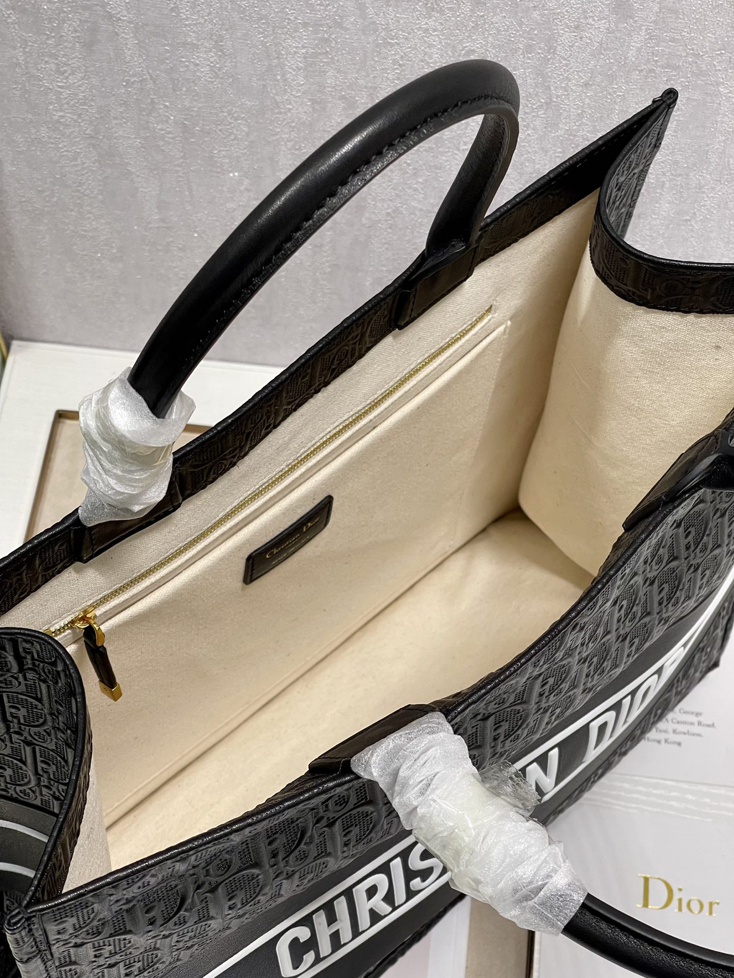 large D*or book tote black white D*or oblique embossed calfskin 16.5 x 14 x 7.5 inches