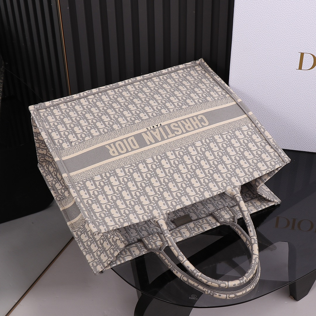 large D*or book tote ecru and gray D*or oblique embroidery 16.5 x 14 x 7.5 inches