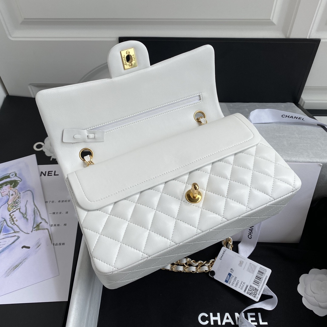 Ch*el classic handbag grained shiny calfskin & gold-tone metal white 6 × 9.9 × 2.5 in