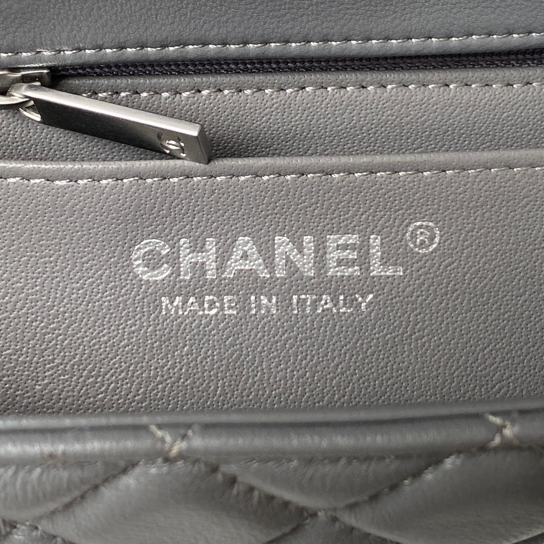 Ch*el mini flap bag shiny calfskin & silver-tone metal gray 4.7 × 7.8 × 2.3 in
