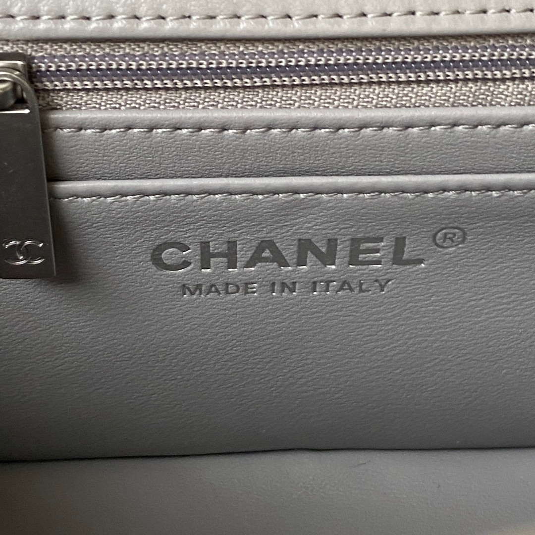 Ch*el mini flap bag shiny calfskin & silver-tone metal light gray 4.7 × 7.8 × 2.3 in