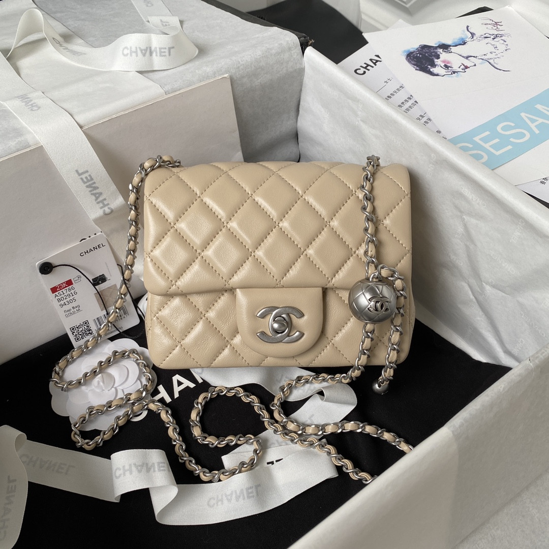 Ch*el mini flap bag shiny calfskin & silver-tone metal coffee 5.3 × 6.6 × 3.1 in